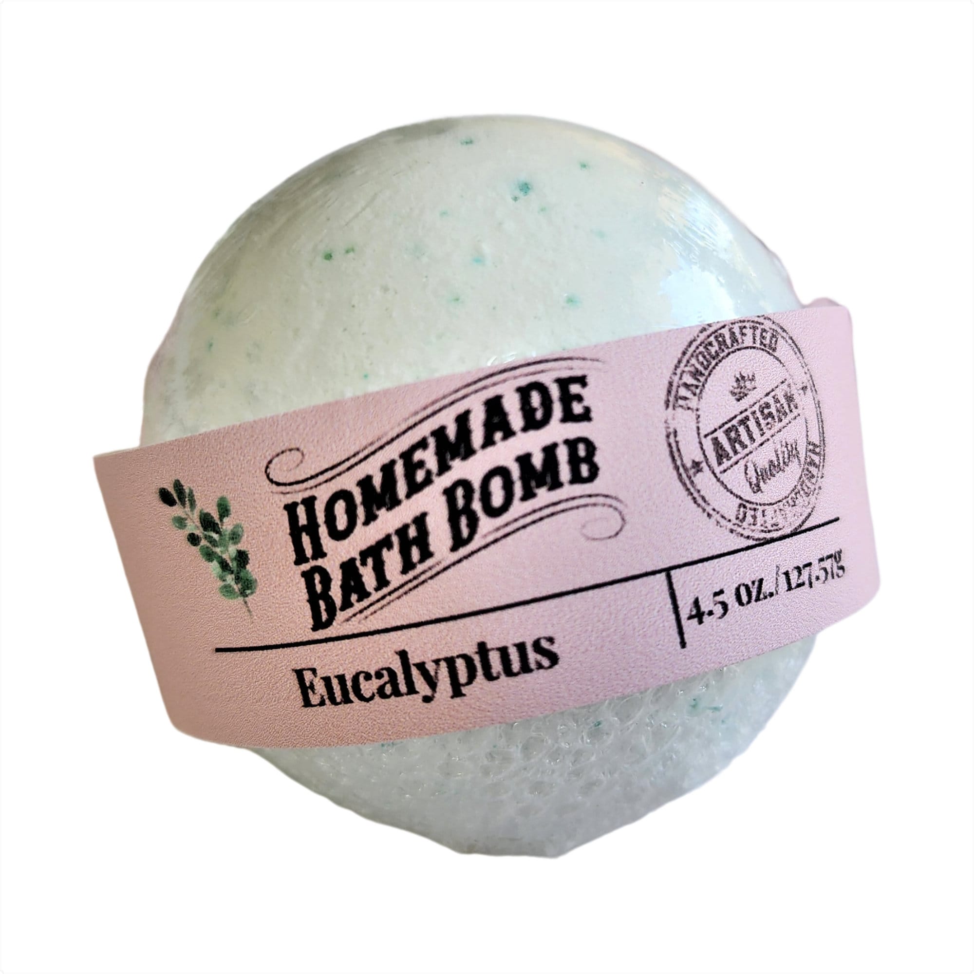 Eucalyptus Bath Bomb in a bath tub, showcasing its fizzy effect and vibrant colors, surrounded by calming spa elements.