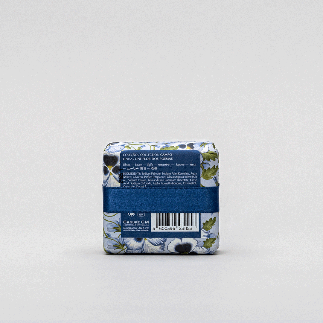 Flower of Poems Soap bar with floral design, enriched with olive oil, showcasing its vegan and eco-friendly attributes.