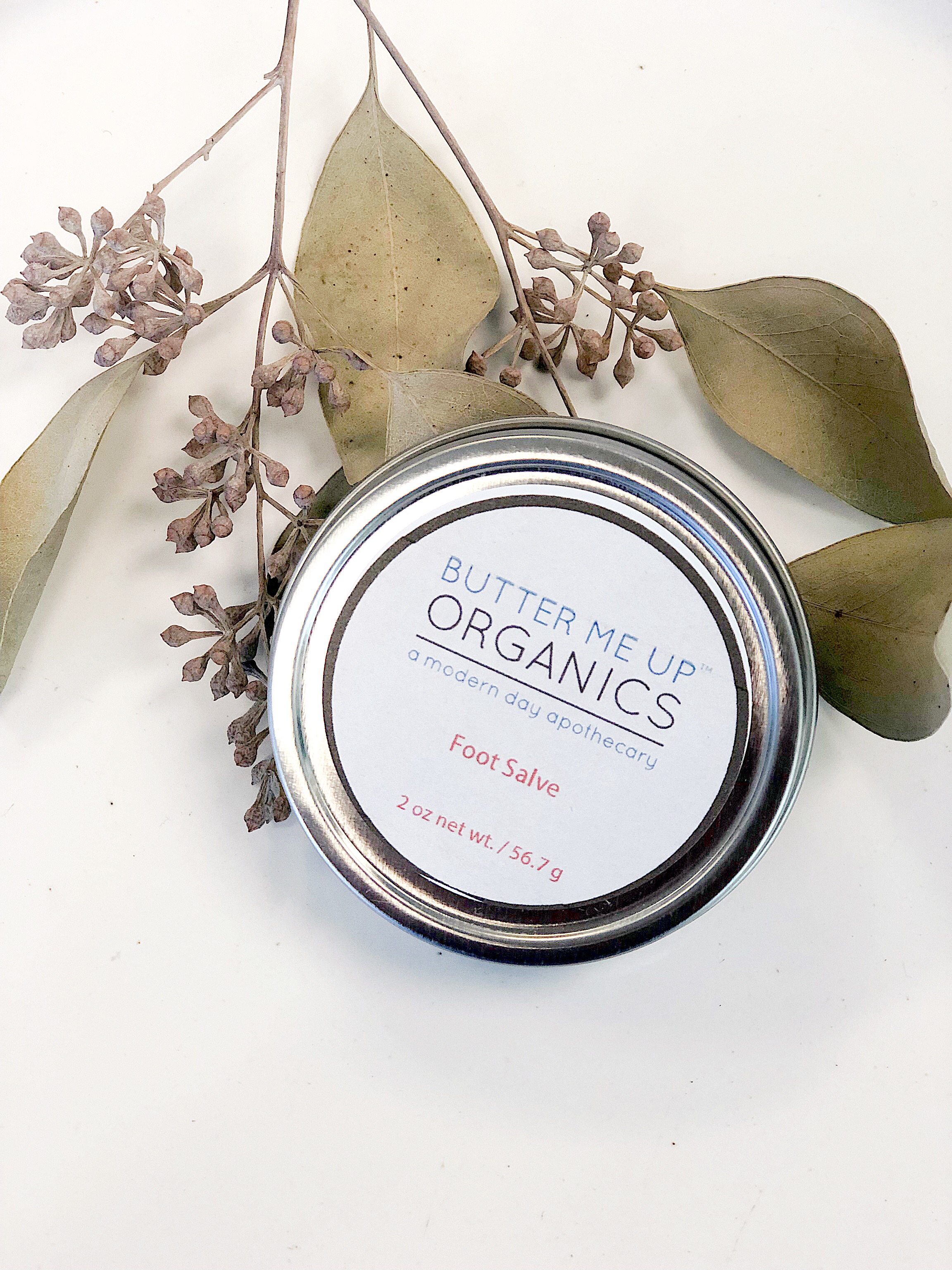 A 2oz tin of Foot Salve featuring a blend of natural butters and oils, designed to hydrate and repair cracked heels and rough feet.