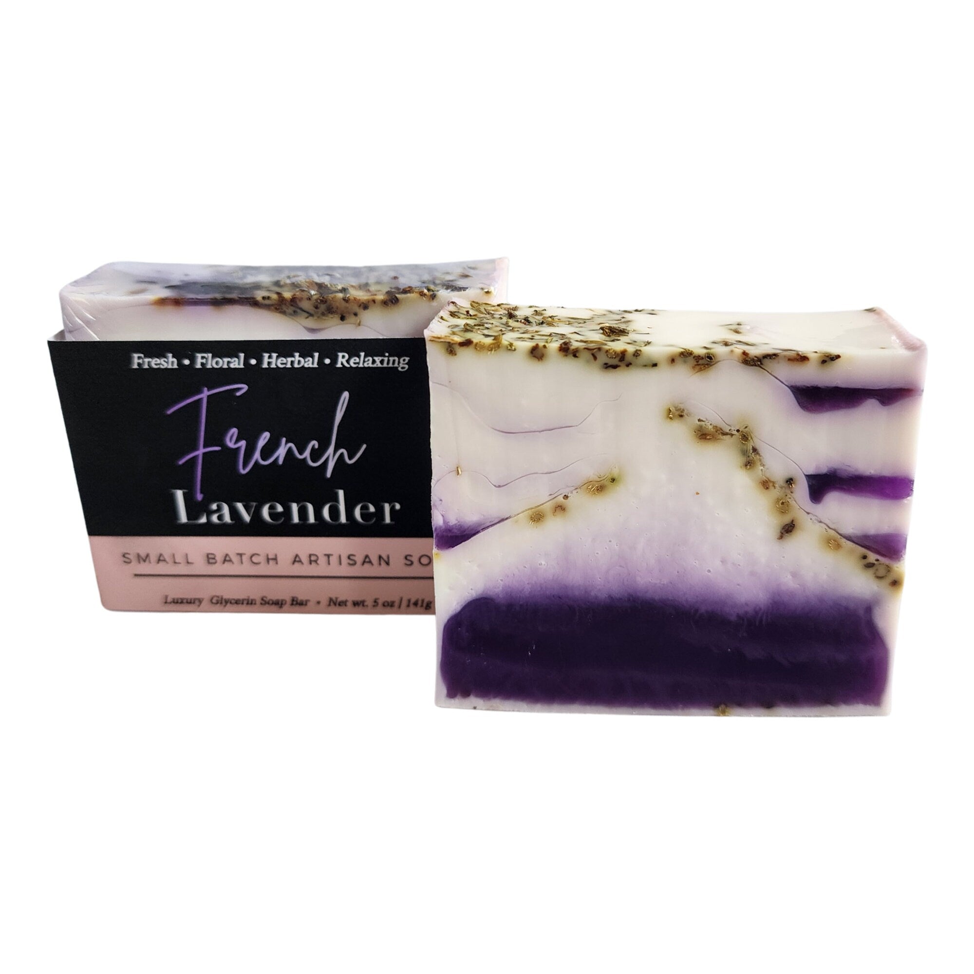 A beautifully crafted bar of French Lavender Soap with dried lavender flowers embedded, showcasing its rich purple hue and artisanal quality.