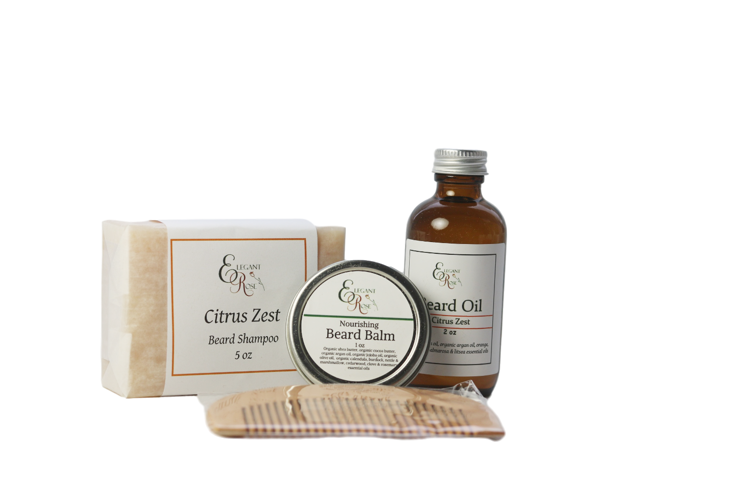 Beard grooming kit featuring beard oil, shampoo bar, balm, and wooden comb in a black gift box.