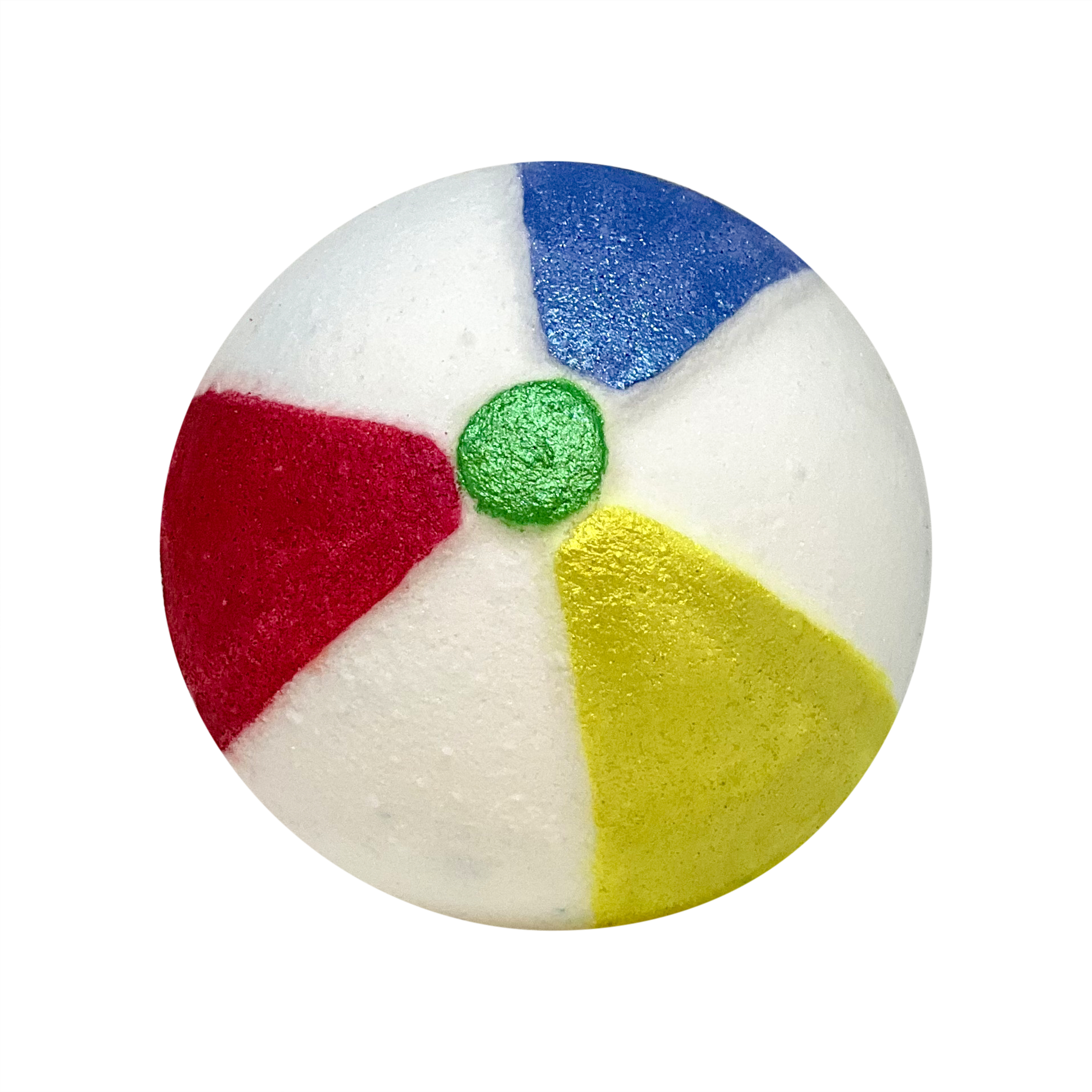 Colorful Having a Ball Beach Ball Bath Bomb with blue center and hand-painted details, resembling a beach ball.