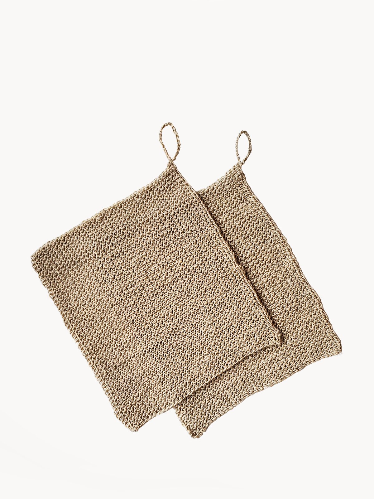 Set of 2 handmade hemp washcloths, natural color, perfect for exfoliating and cleaning.