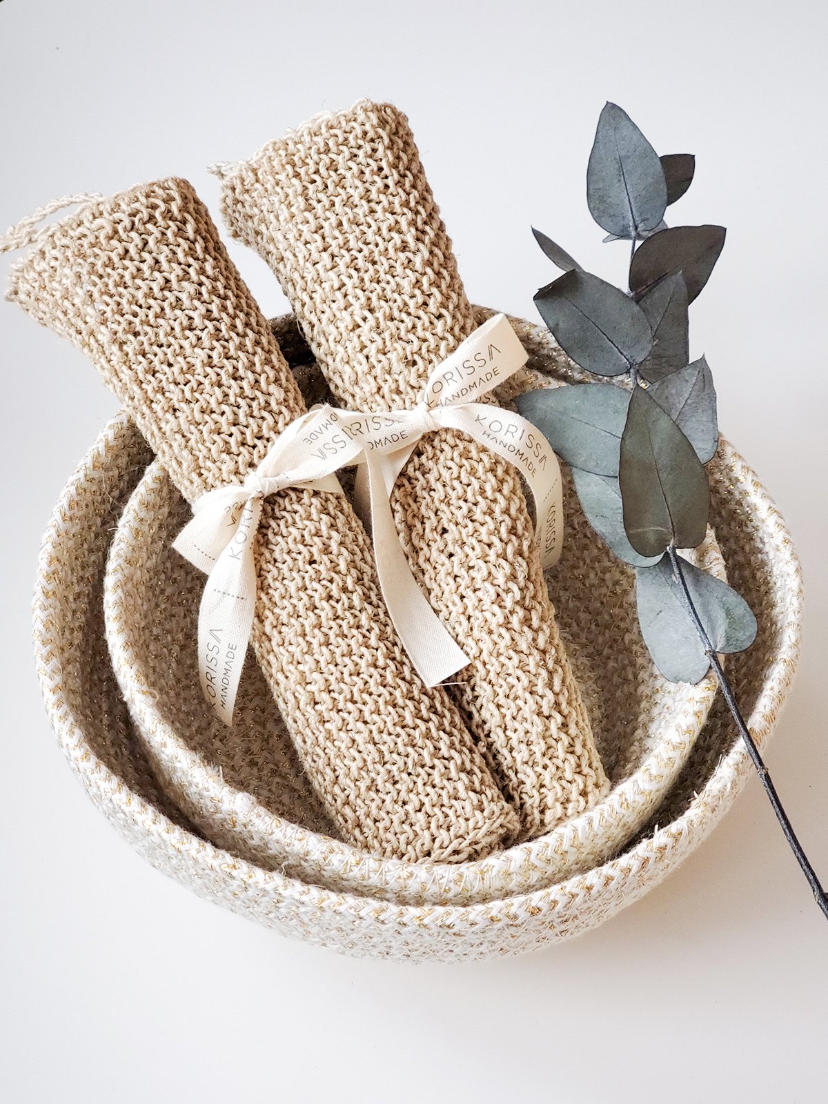 Set of 2 handmade hemp washcloths, natural color, perfect for exfoliating and cleaning.