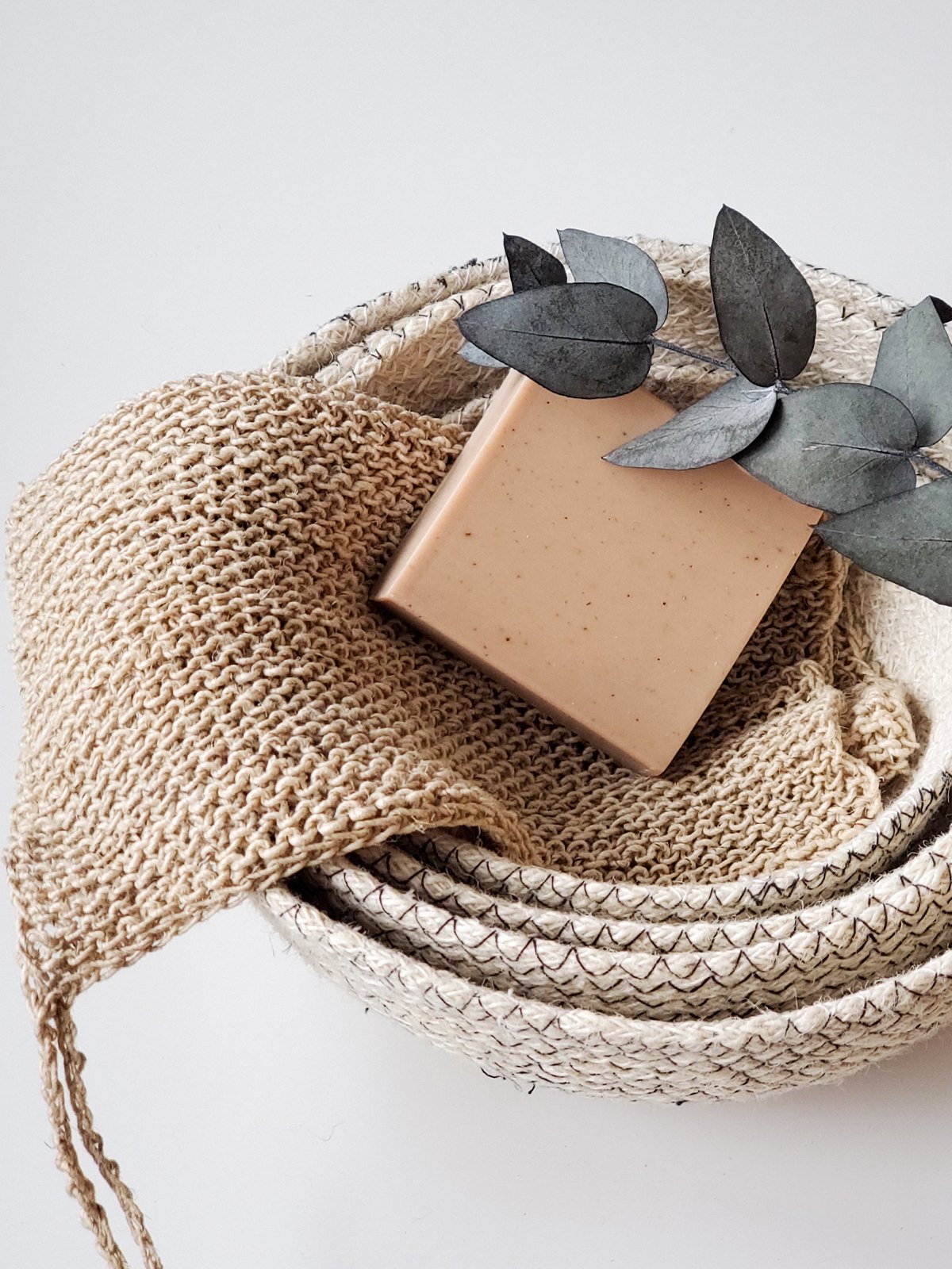 Set of 2 handmade hemp washcloths, natural color, perfect for exfoliating and cleaning.