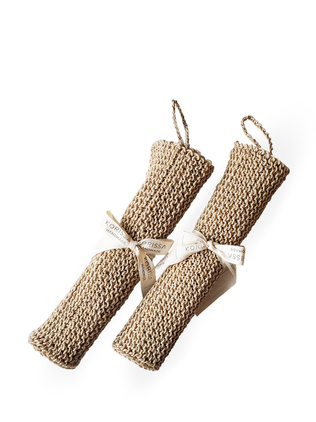 Set of 2 handmade hemp washcloths, natural color, perfect for exfoliating and cleaning.