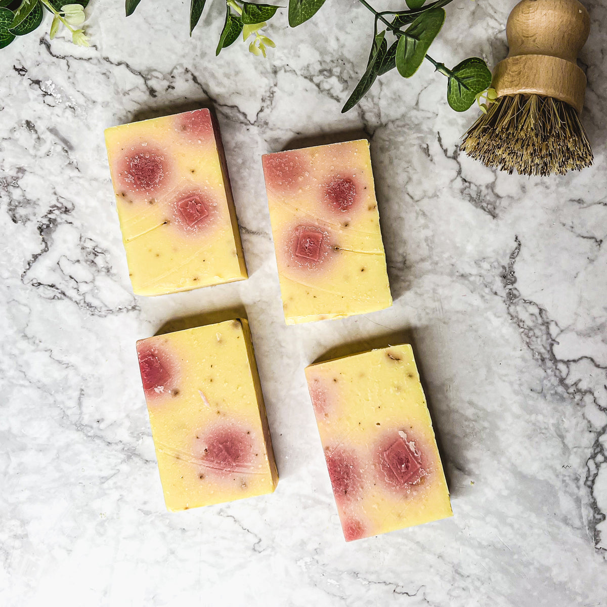 Honeysuckle Rose Petals soap bar with rose petals and a natural honeysuckle fragrance, handcrafted in small batches.