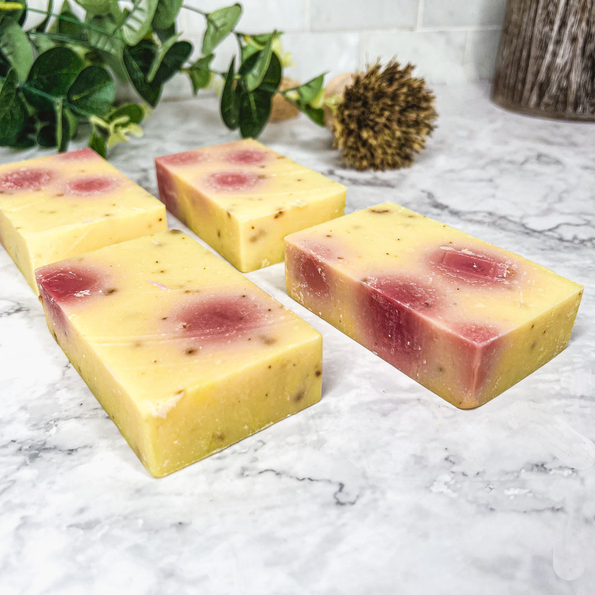 Honeysuckle Rose Petals soap bar with rose petals and a natural honeysuckle fragrance, handcrafted in small batches.