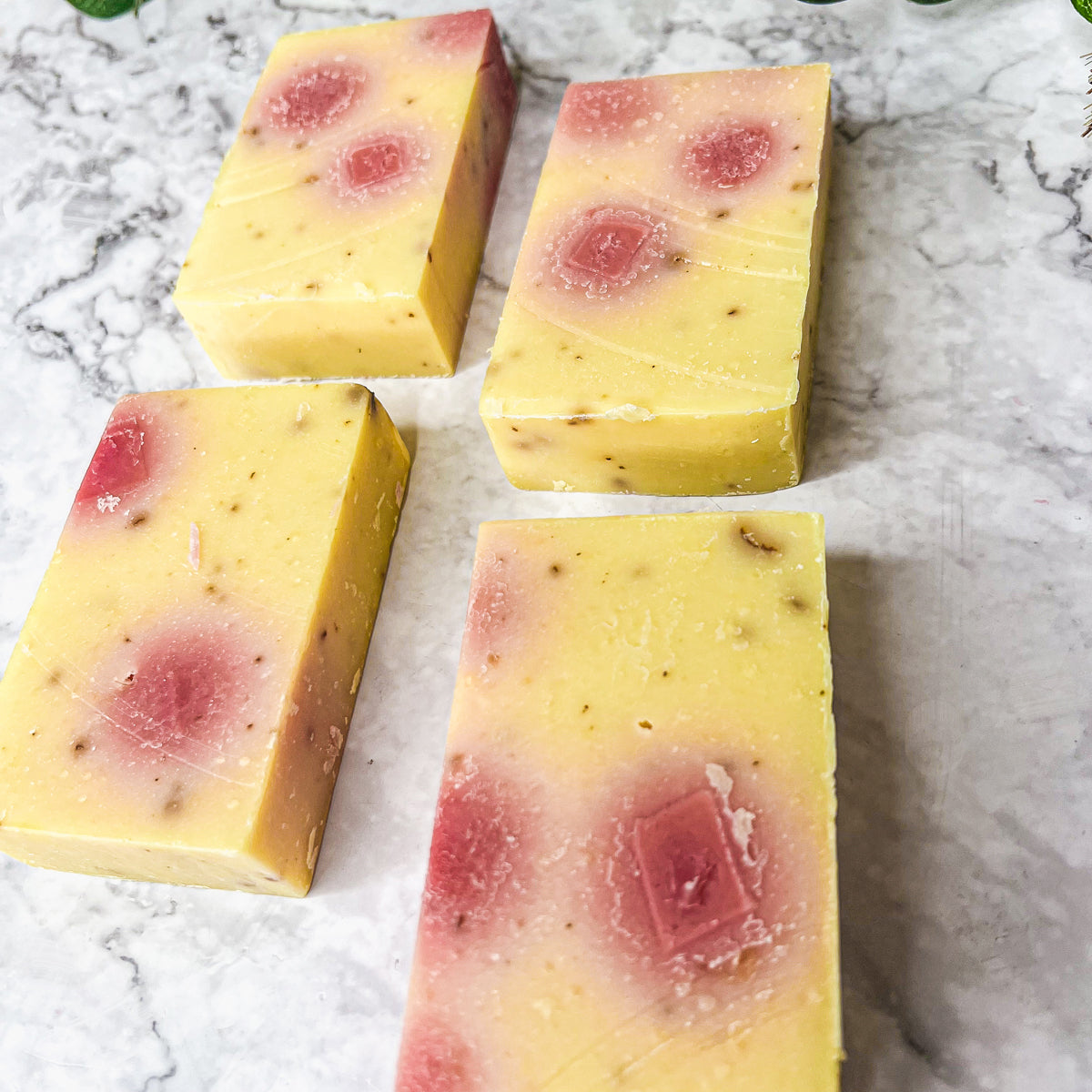 Honeysuckle Rose Petals soap bar with rose petals and a natural honeysuckle fragrance, handcrafted in small batches.