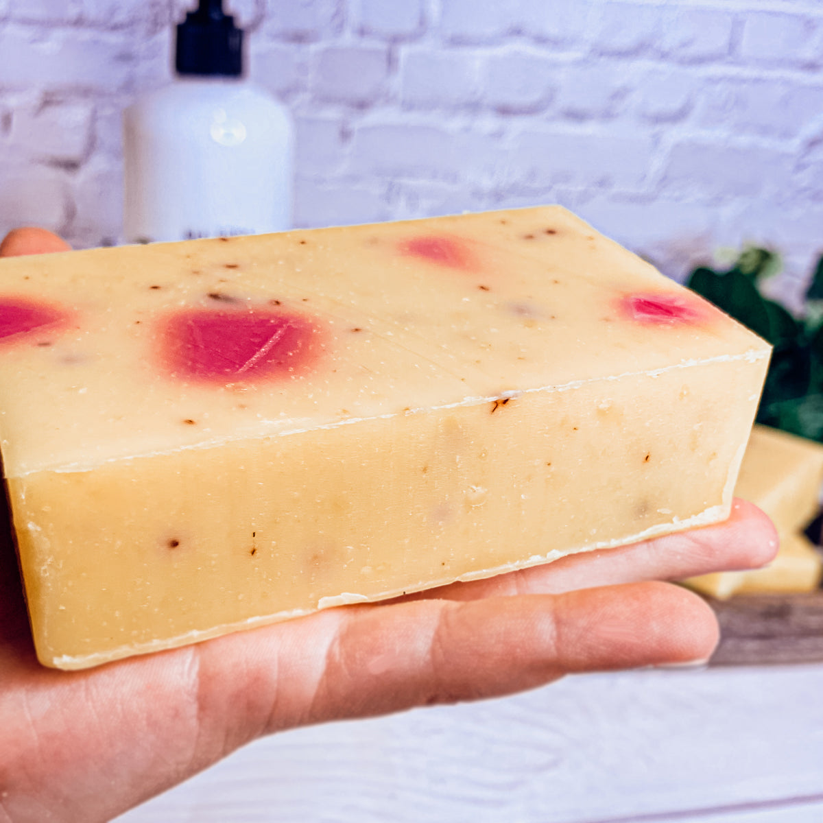 Honeysuckle Rose Petals soap bar with rose petals and a natural honeysuckle fragrance, handcrafted in small batches.