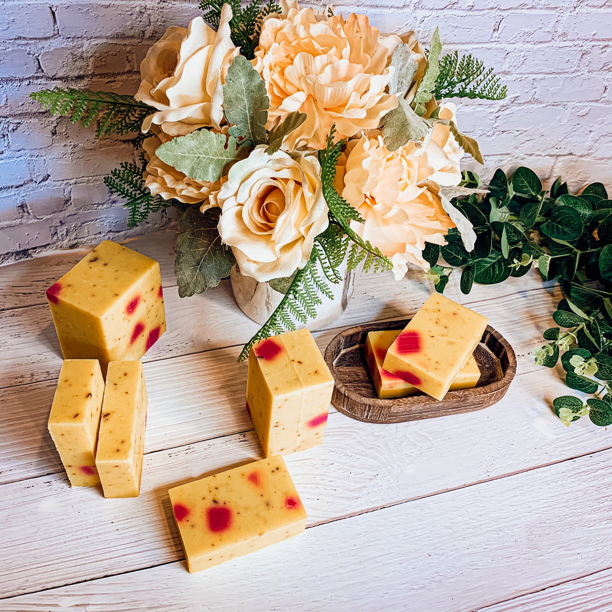 Honeysuckle Rose Petals soap bar with rose petals and a natural honeysuckle fragrance, handcrafted in small batches.