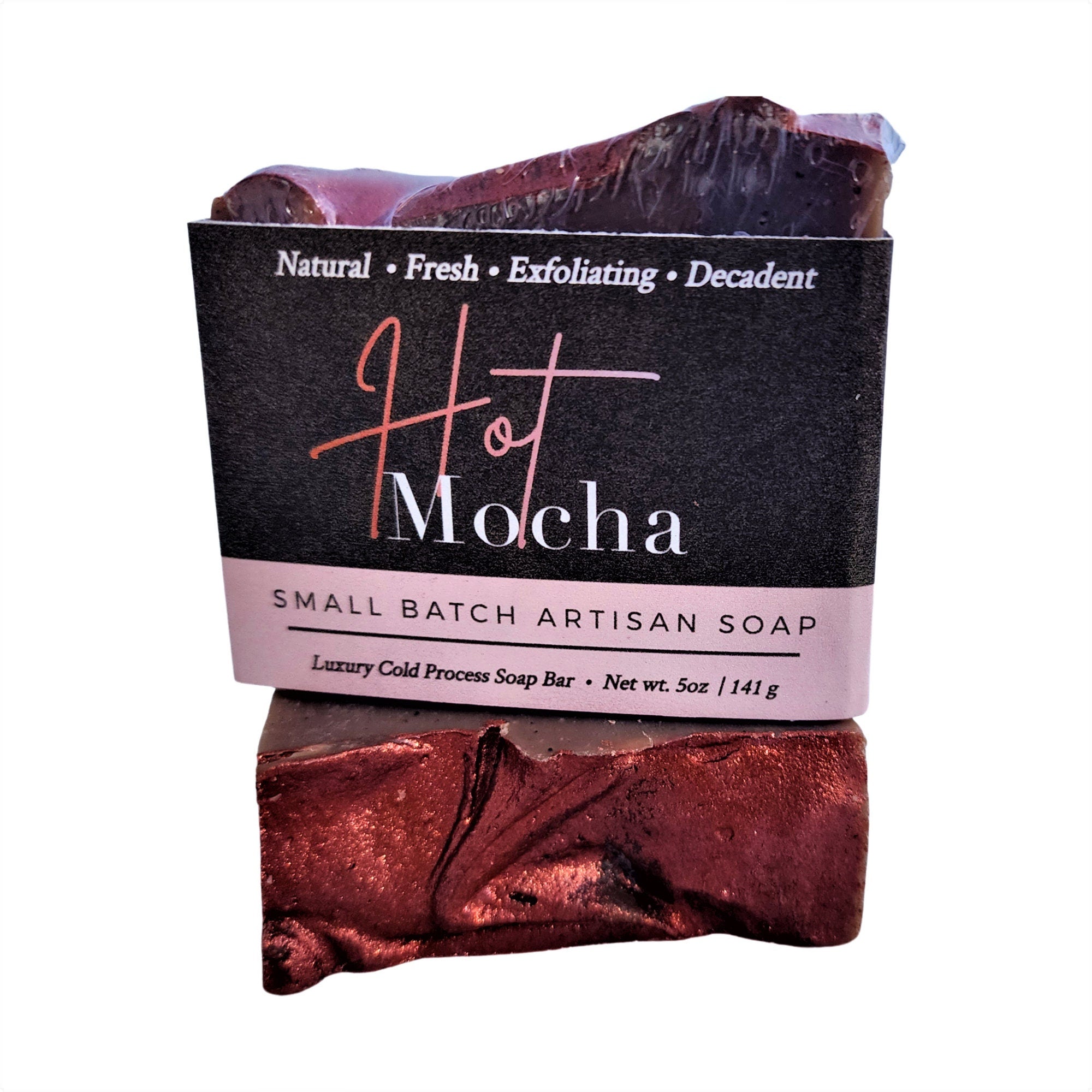 Hot Mocha Coffee Soap bar with rich brown color and coffee grounds, beautifully wrapped and labeled, showcasing its vegan and handcrafted nature.