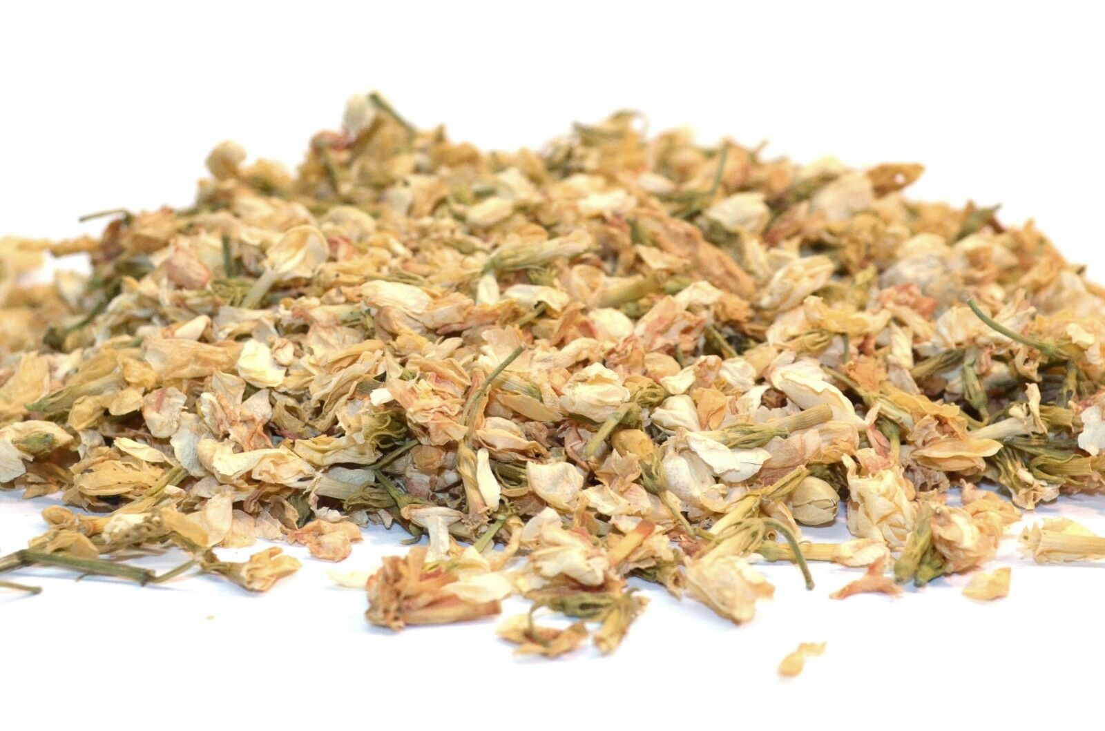 A 2oz package of Jasmine Bath Tea featuring dried jasmine flowers and botanical elements, perfect for a soothing bath experience.