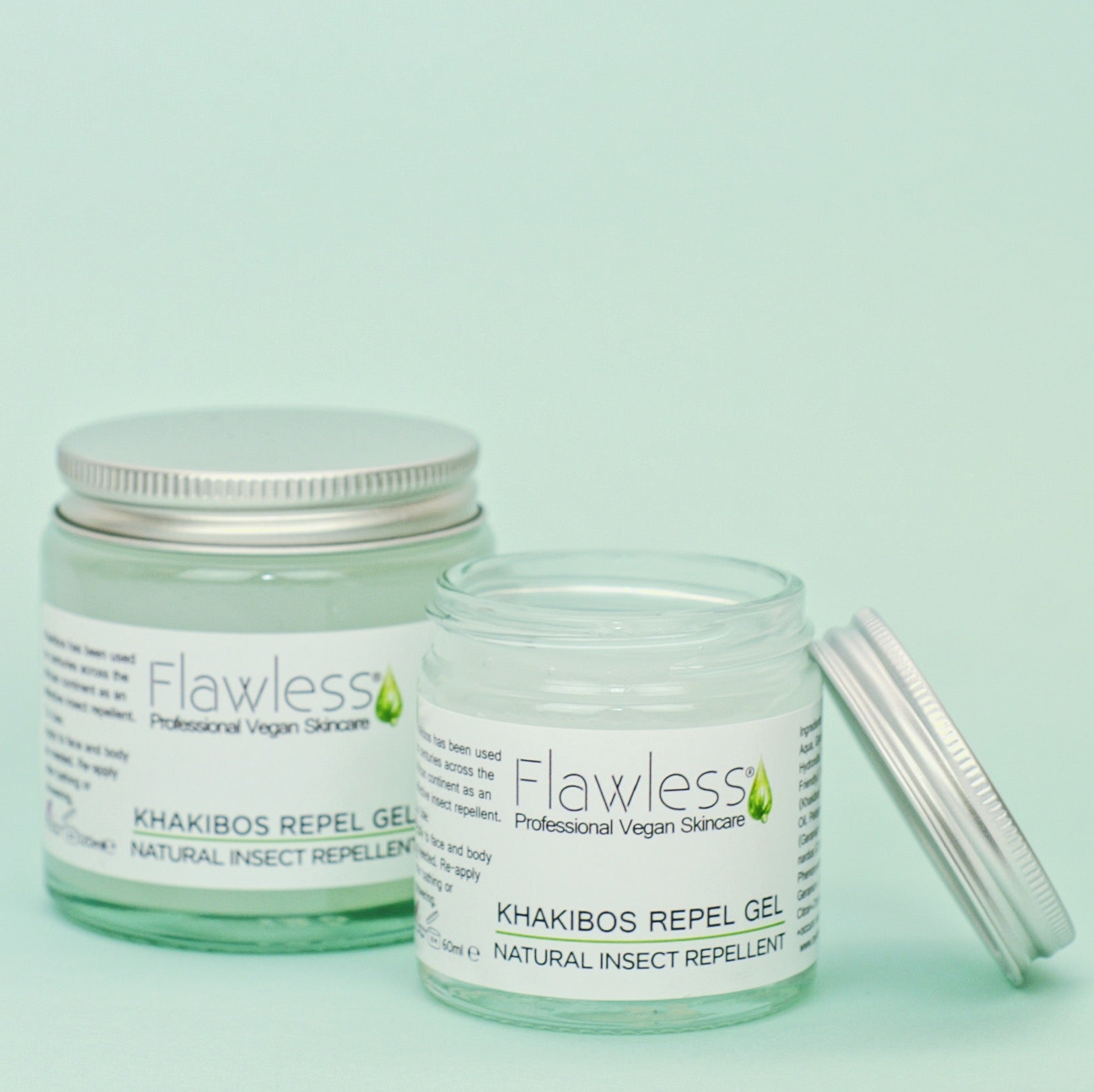 Khakibos Repel Gel in a recycled glass jar with an aluminum lid, showcasing its natural ingredients and soothing aloe vera base.