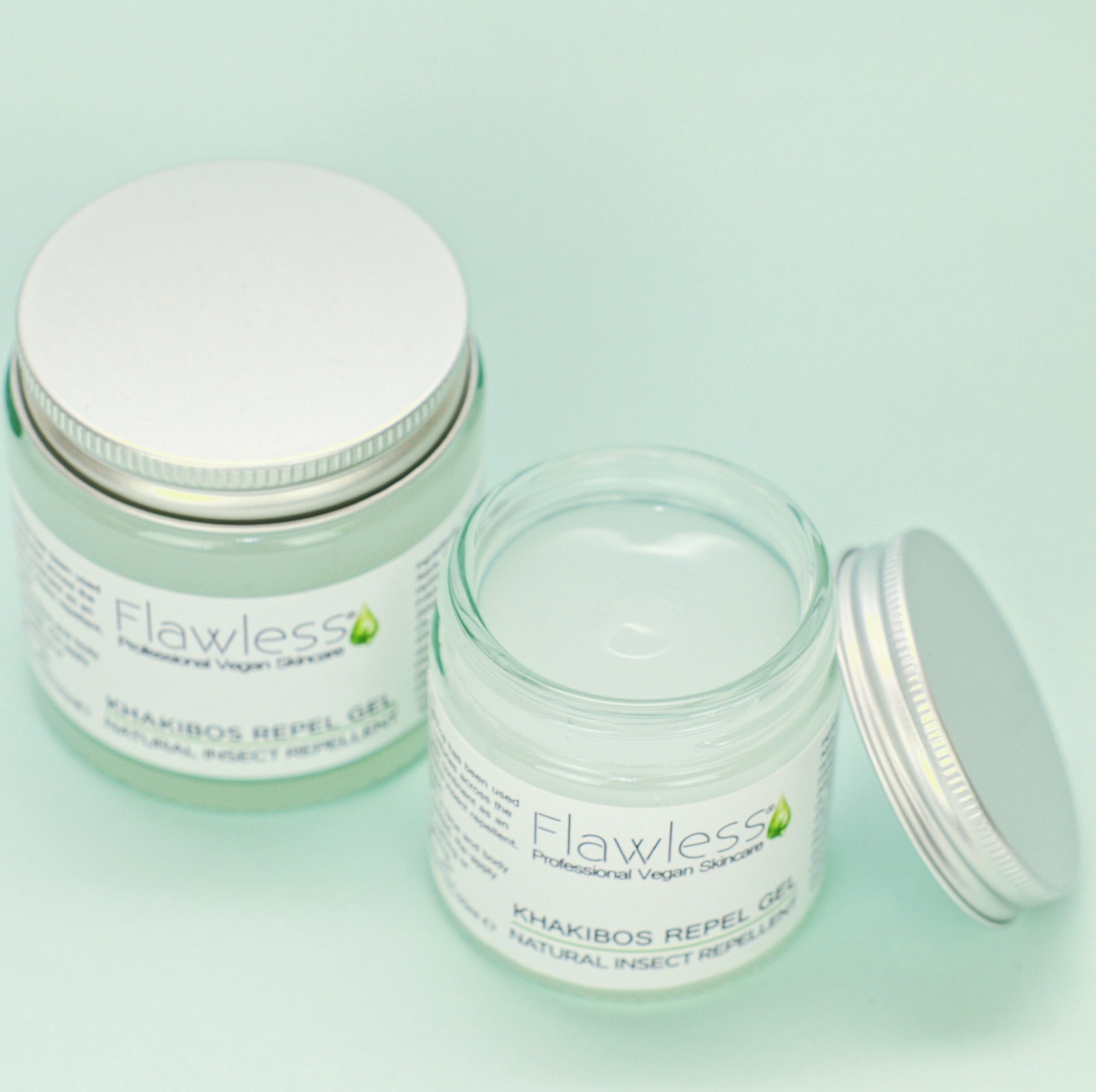 Khakibos Repel Gel in a recycled glass jar with an aluminum lid, showcasing its natural ingredients and soothing aloe vera base.