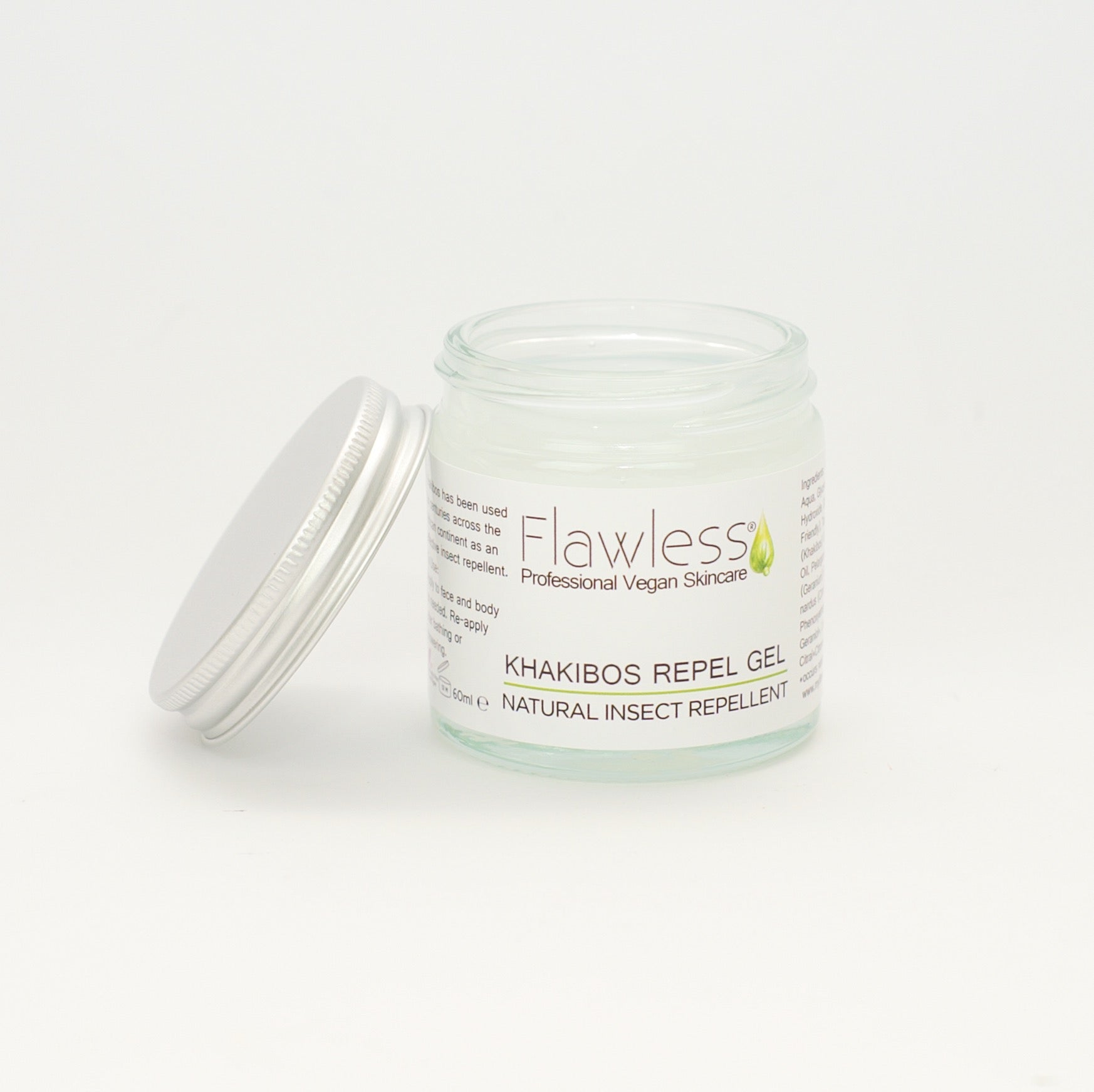 Khakibos Repel Gel in a recycled glass jar with an aluminum lid, showcasing its natural ingredients and soothing aloe vera base.