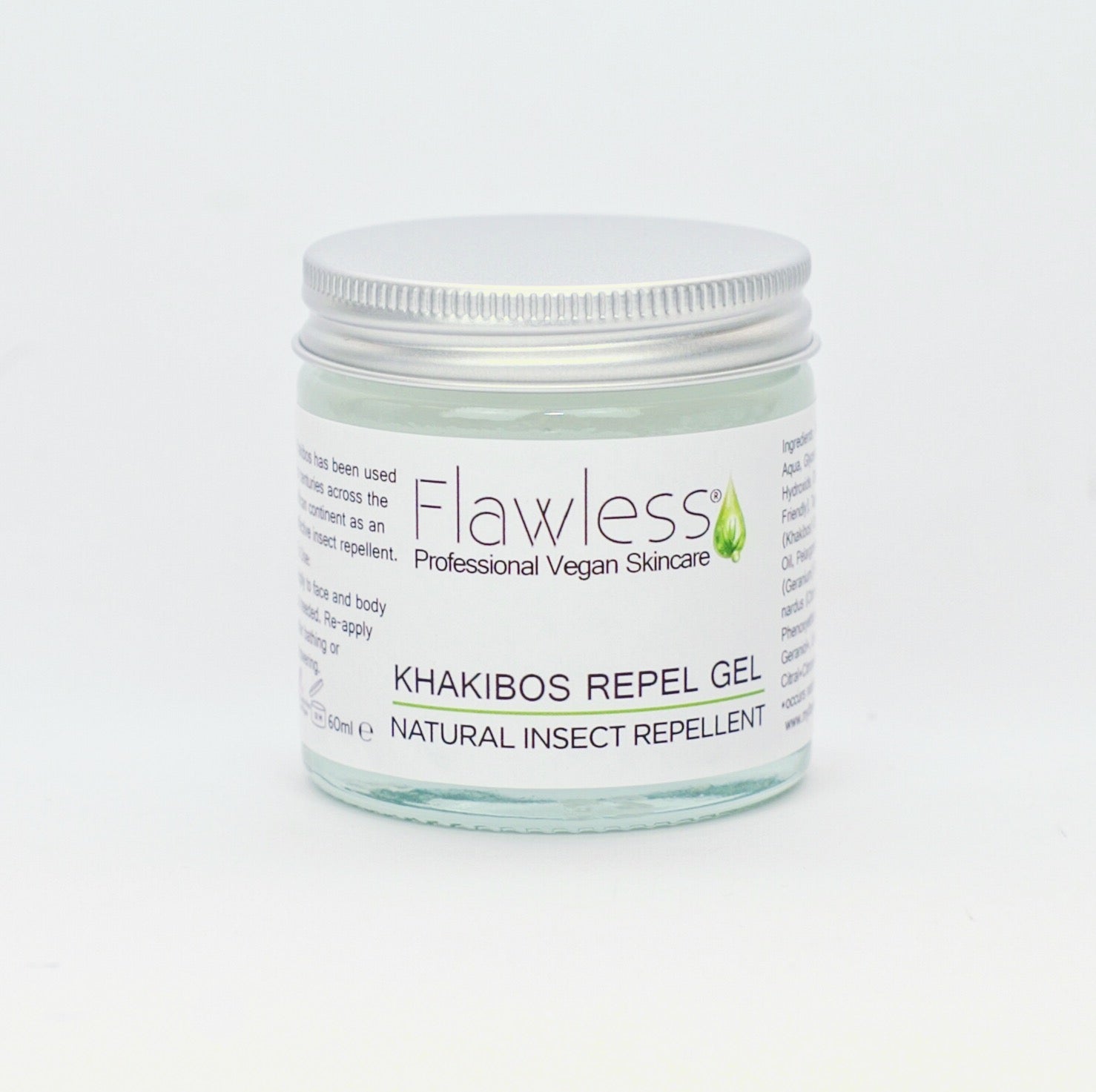 Khakibos Repel Gel in a recycled glass jar with an aluminum lid, showcasing its natural ingredients and soothing aloe vera base.