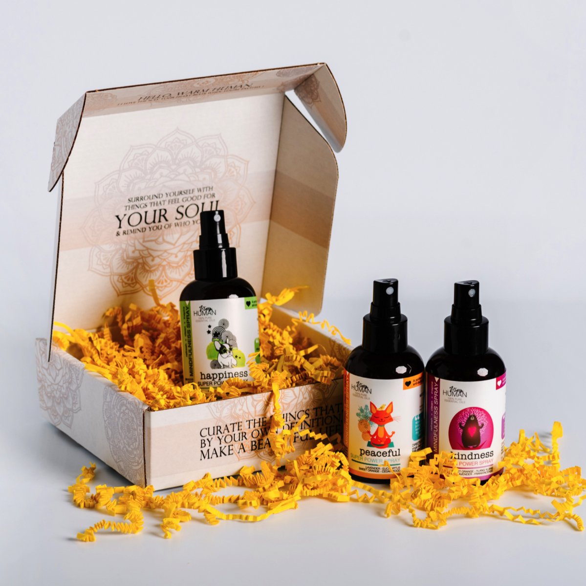 Kids' Mindfulness Superpower Spray Gift Box featuring colorful packaging, essential oil perfume, and mindfulness tools.