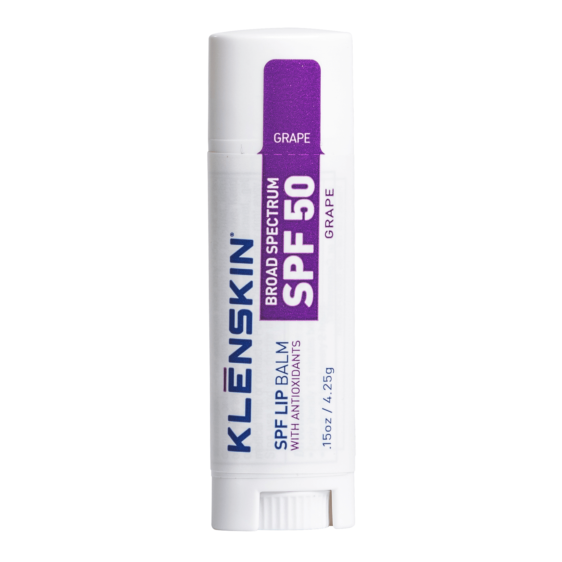 KLĒNSKIN SPF 50 Grape Lip Balm in a sleek tube, showcasing its vibrant packaging and highlighting its sun protection features.