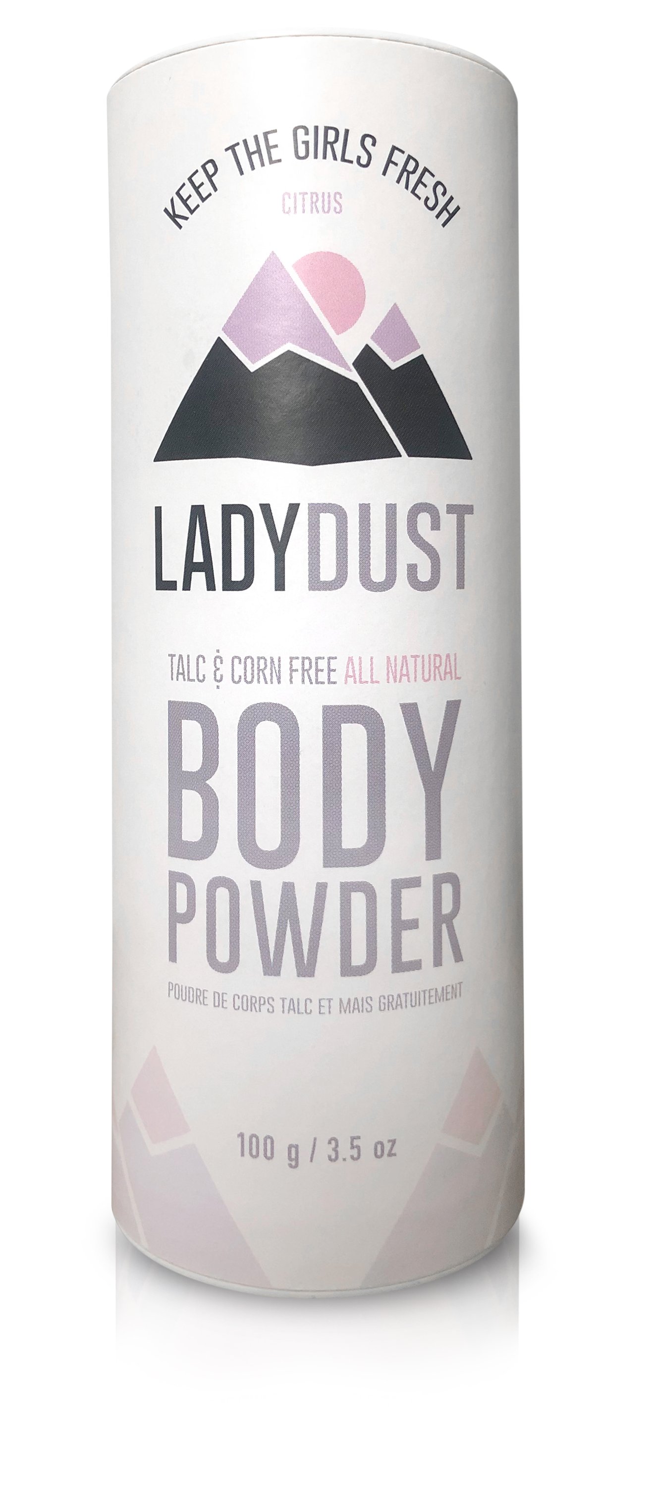 LADYDUST all-natural citrus-scented body powder in a 100g container, showcasing its vegan and cruelty-free ingredients.