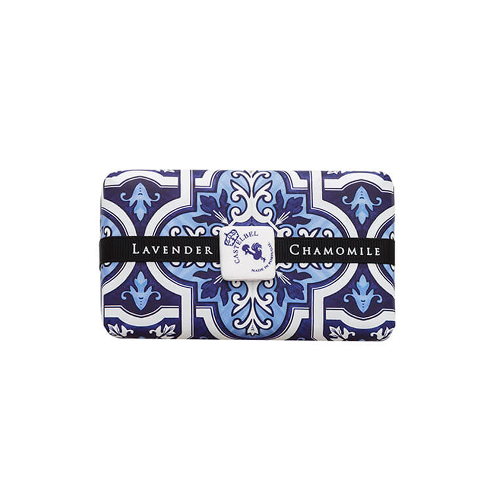 Lavender and Chamomile Soap bar with elegant tile design packaging, tied with a ribbon and featuring a miniature tile.