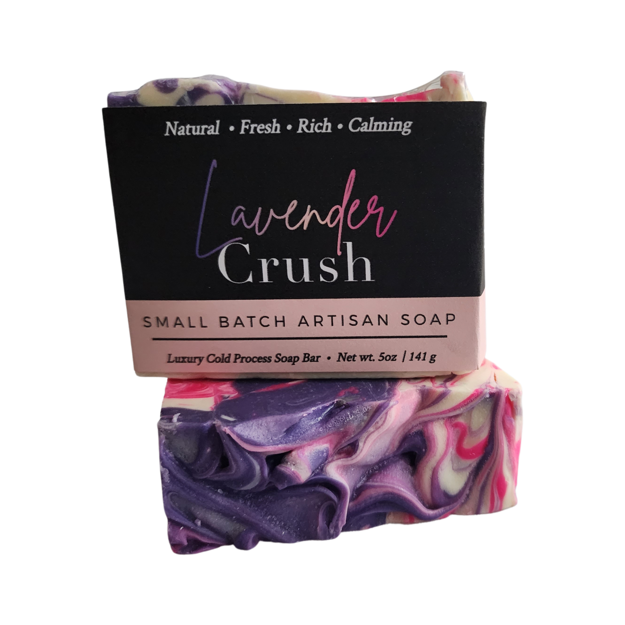 Lavender Crush Soap Bar with purple, hot pink, and white swirls, scented with lavender essential oils.