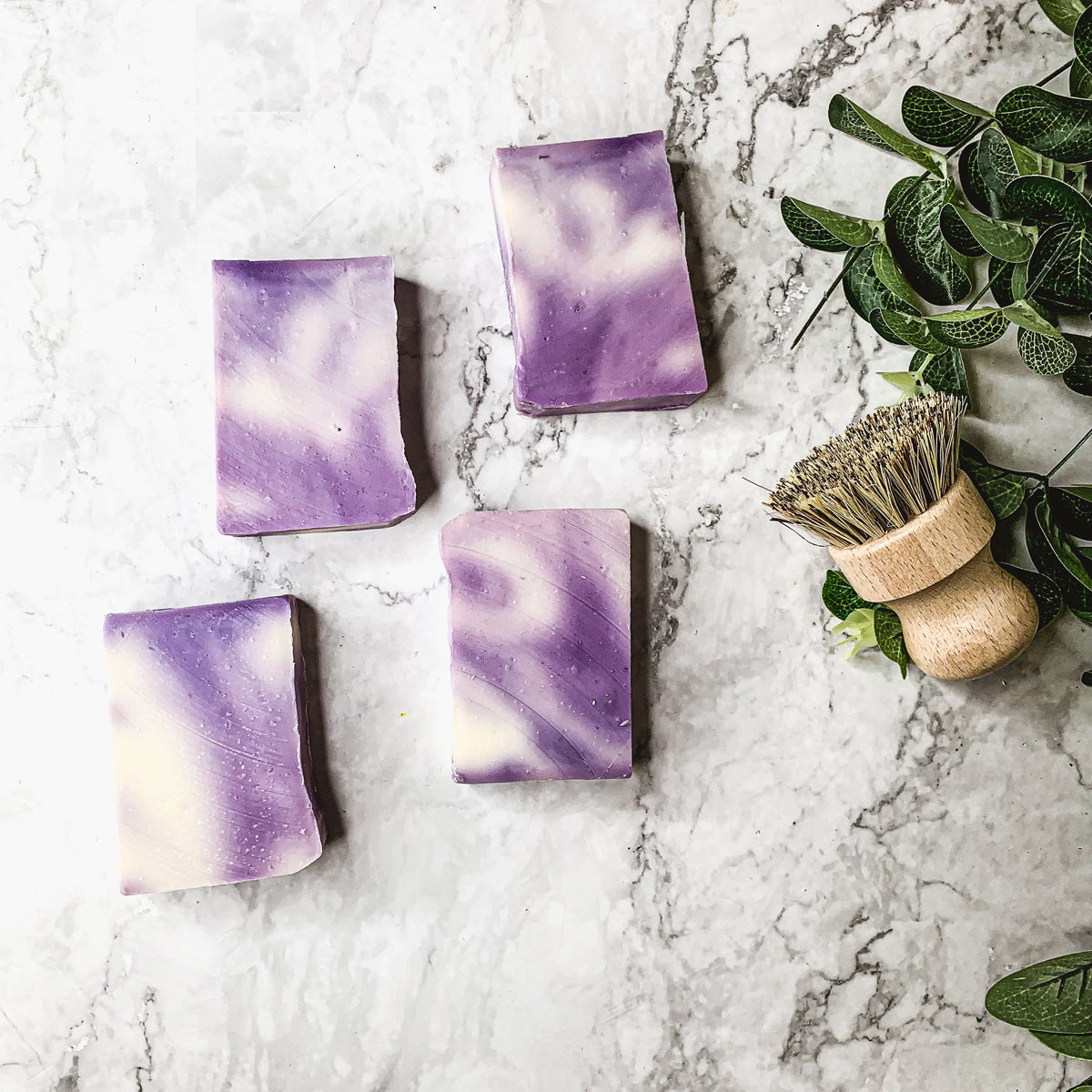 Lavender Lemongrass soap bar with vibrant colors and natural ingredients, showcasing its handcrafted quality.