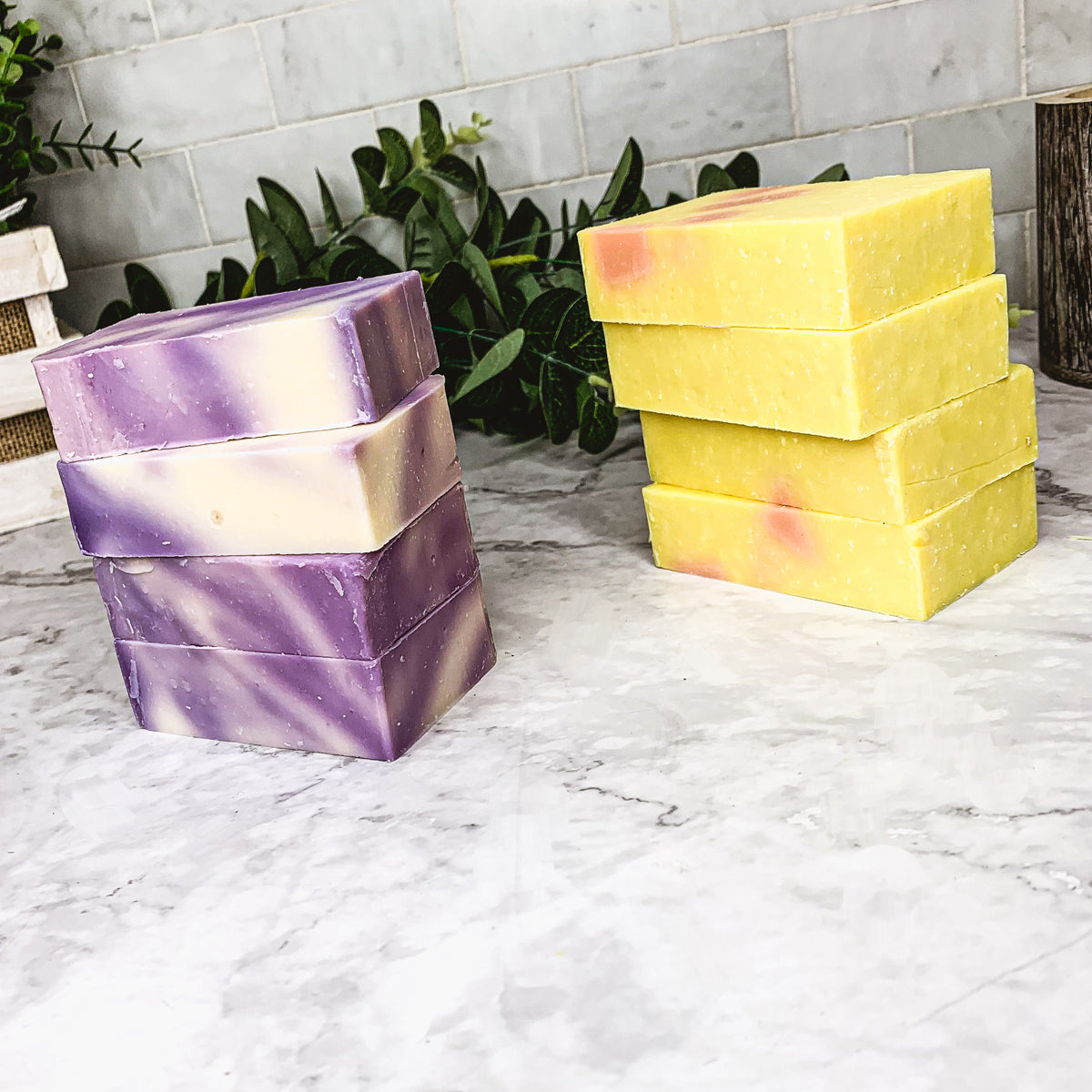 Lavender Lemongrass soap bar with vibrant colors and natural ingredients, showcasing its handcrafted quality.