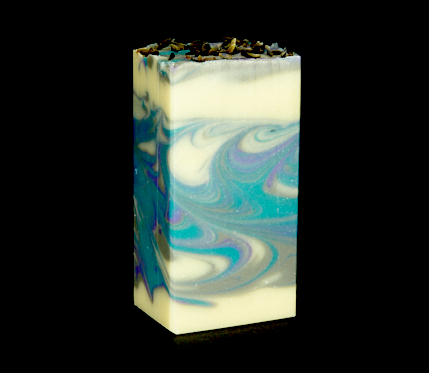 Lavender Martini Soap bar with lavender buds and citrus notes, showcasing its handcrafted quality and elegant design.