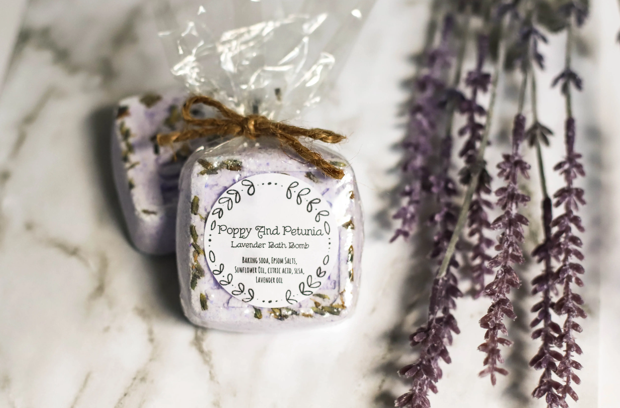 Lavender Mini Bath Bomb in a square shape, showcasing its vibrant color and natural ingredients, perfect for a relaxing bath experience.