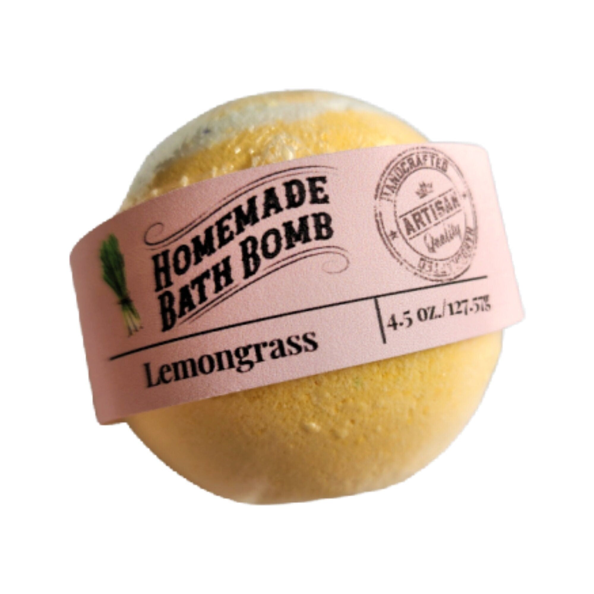 A vibrant yellow Lemongrass Bath Bomb fizzing in a bathtub, surrounded by bubbles and a calming atmosphere.