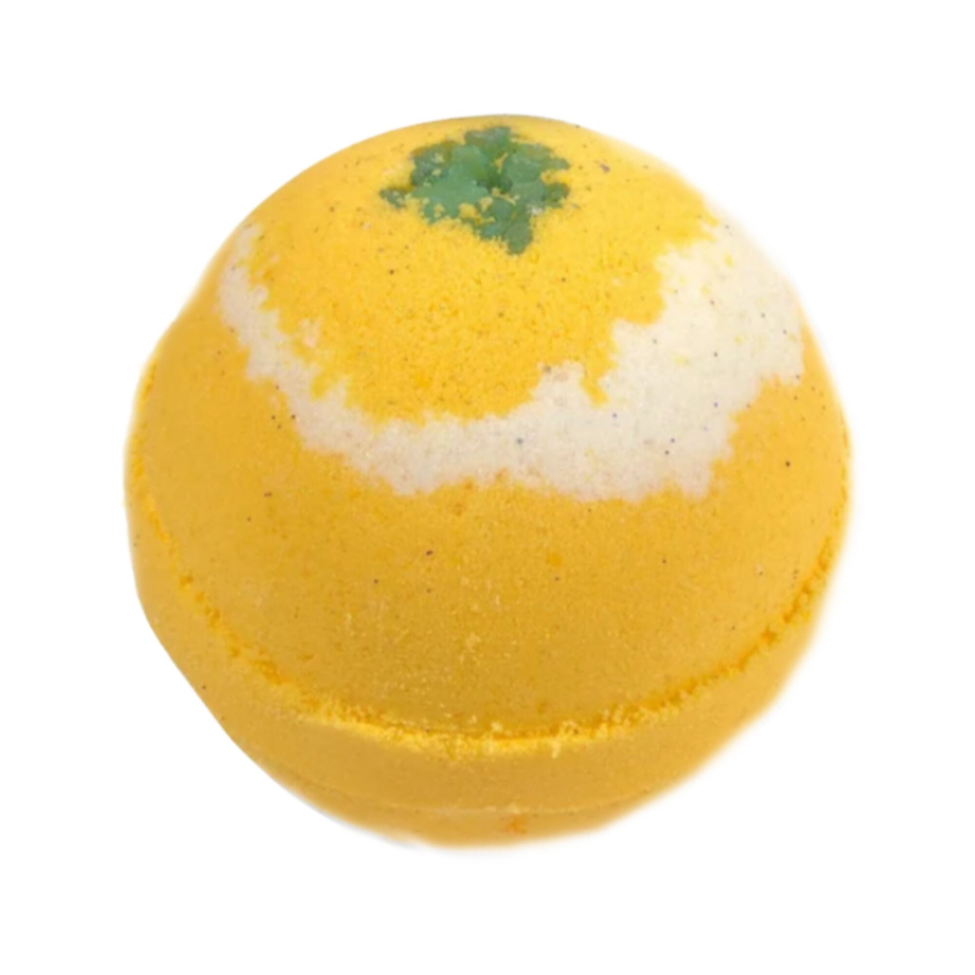 A vibrant yellow Lemongrass Bath Bomb fizzing in a bathtub, surrounded by bubbles and a calming atmosphere.