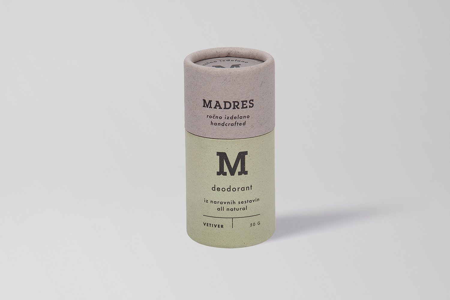 Madres Vetiver deodorant showcasing its eco-friendly packaging and natural ingredients, featuring a fresh earthy scent.