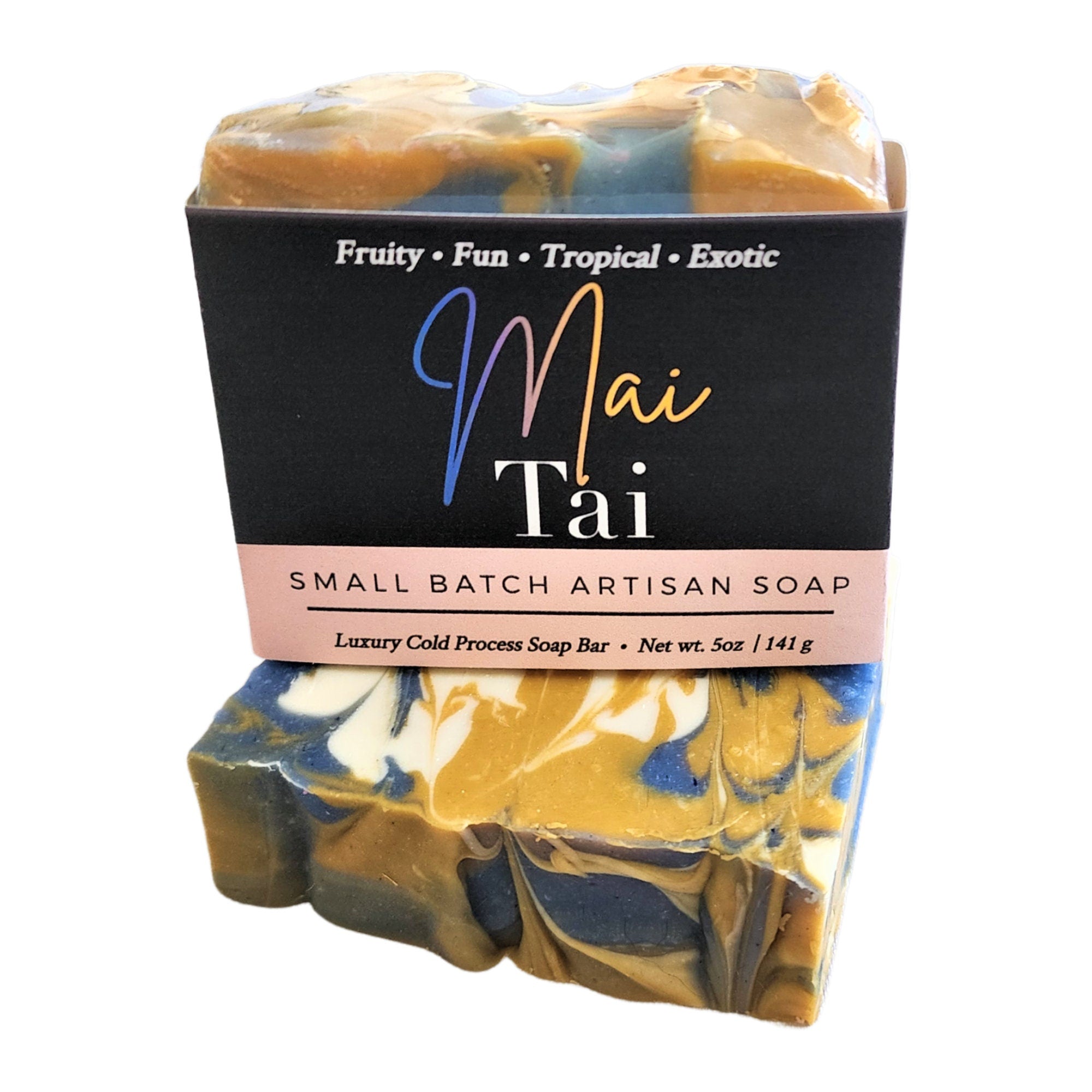 Mai Tai Soap bar with tropical design, showcasing its vibrant colors and handcrafted texture.