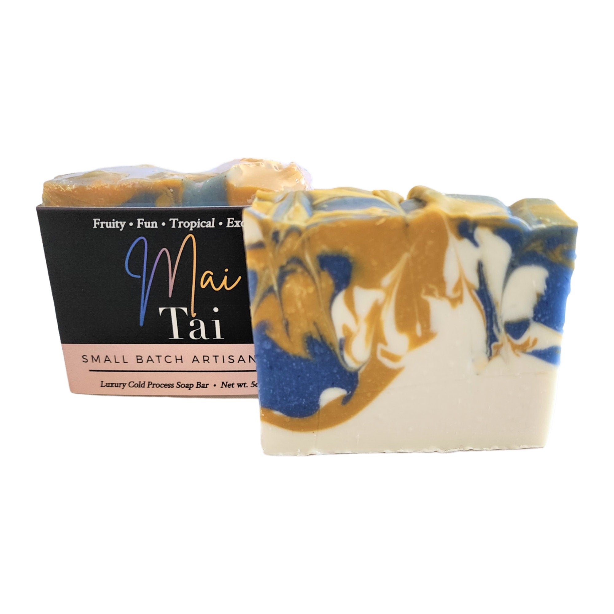 Mai Tai Soap bar with tropical design, showcasing its vibrant colors and handcrafted texture.