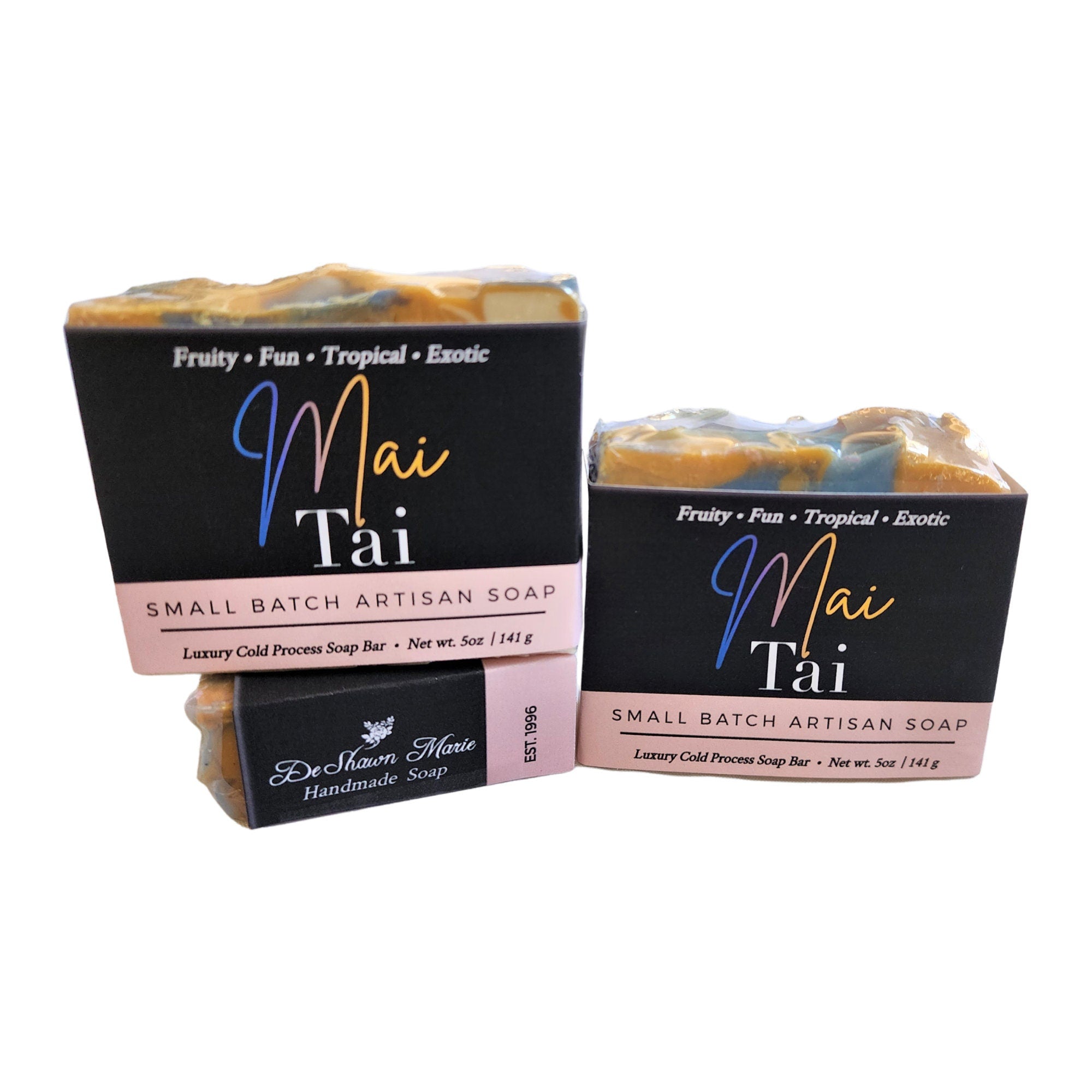 Mai Tai Soap bar with tropical design, showcasing its vibrant colors and handcrafted texture.