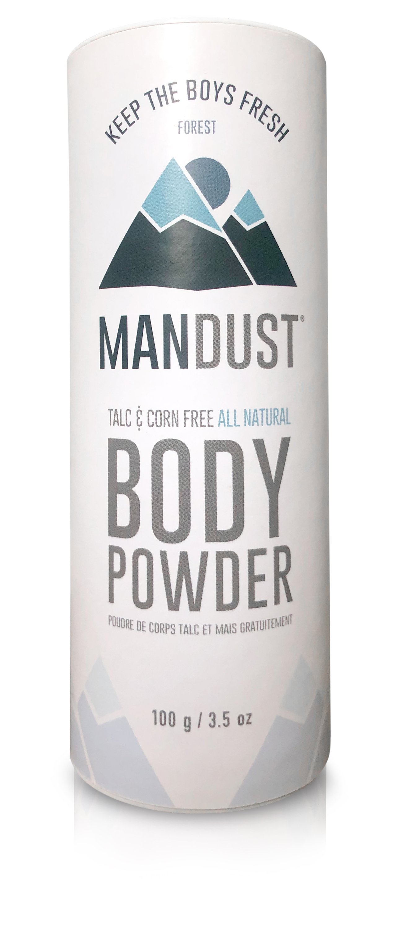 MANDUST® body powder in a sleek container with a refreshing FOREST scent, designed for men.