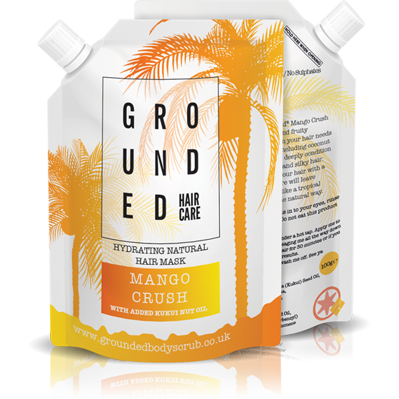 Grounded Mango Crush Hair Mask in a 100g/ml container, showcasing its vibrant tropical design and natural ingredients.