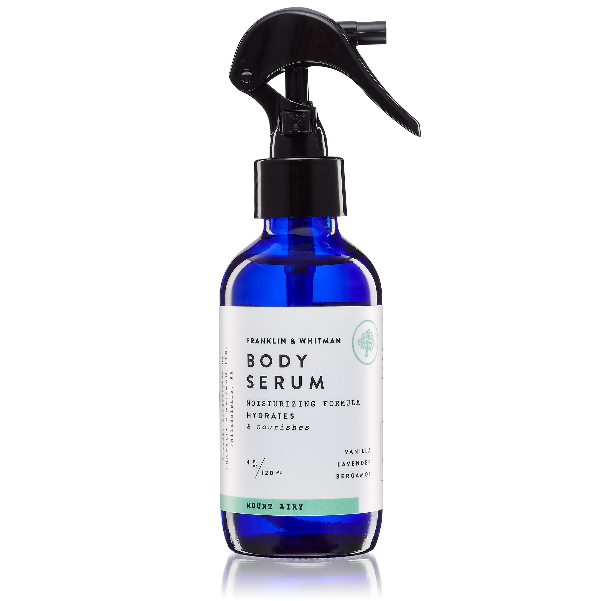 Mount Airy Body Serum in a 4oz glass bottle, featuring a blend of Vanilla, Bergamot, and Lavender oils for skin nourishment.