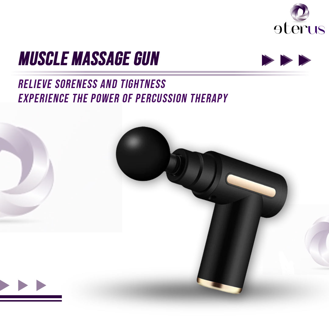 Muscle Massage Gun in gray color, showcasing its ergonomic design and multiple massage heads.