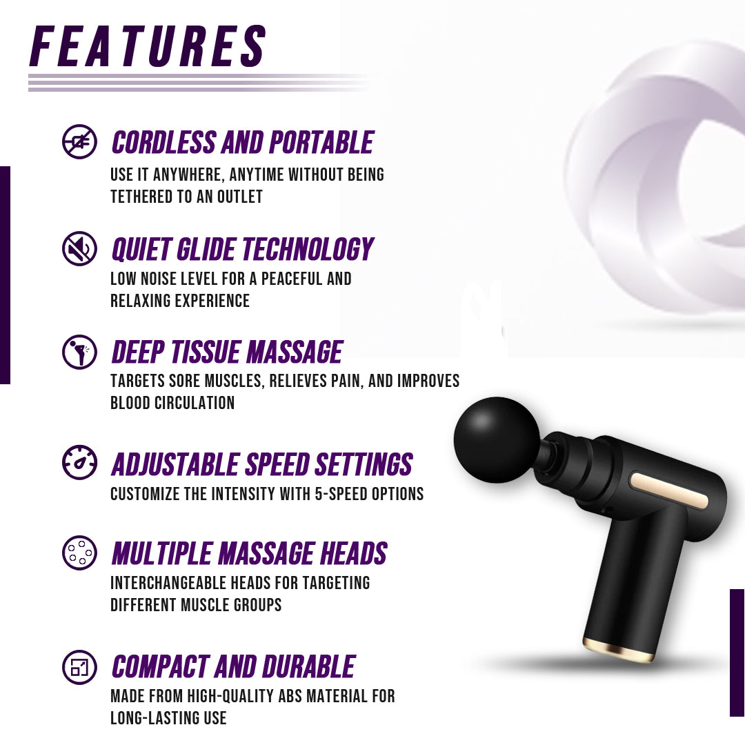 Muscle Massage Gun in gray color, showcasing its ergonomic design and multiple massage heads.