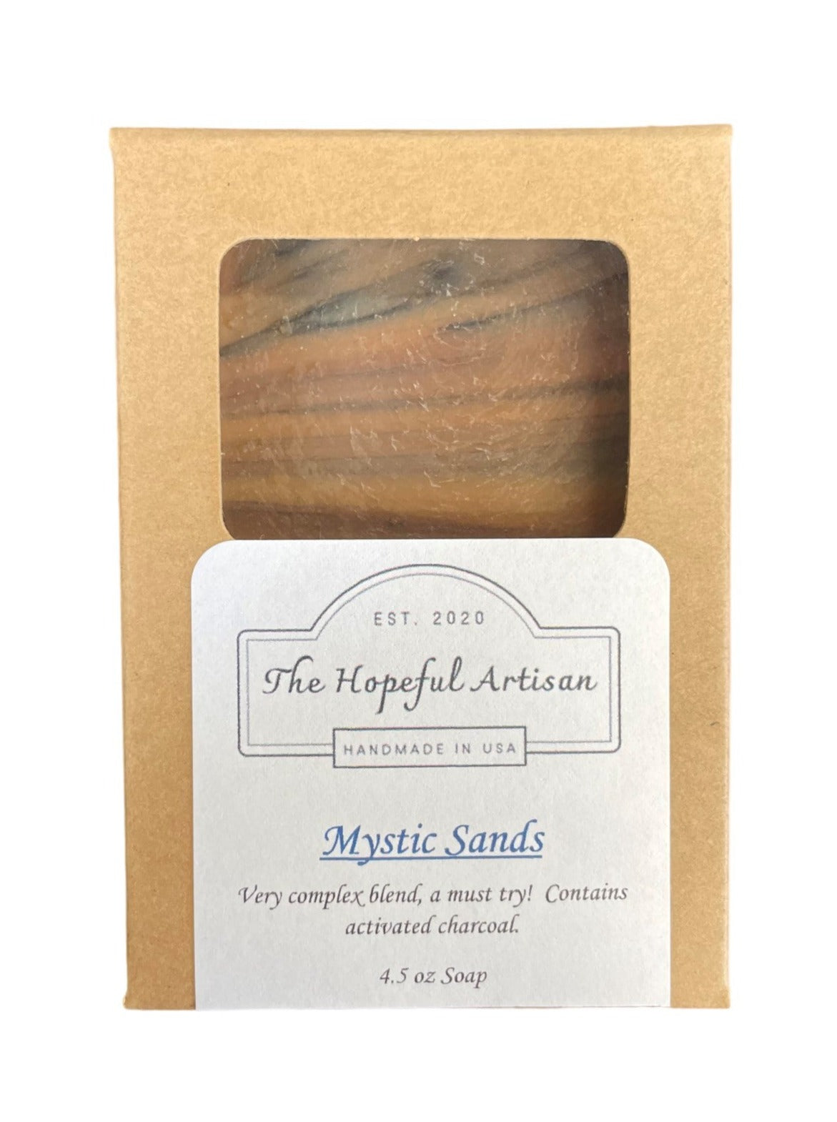 Mystic Sands product showcasing its luxurious blend of activated charcoal, sweet orange, plumeria, and other fragrances.