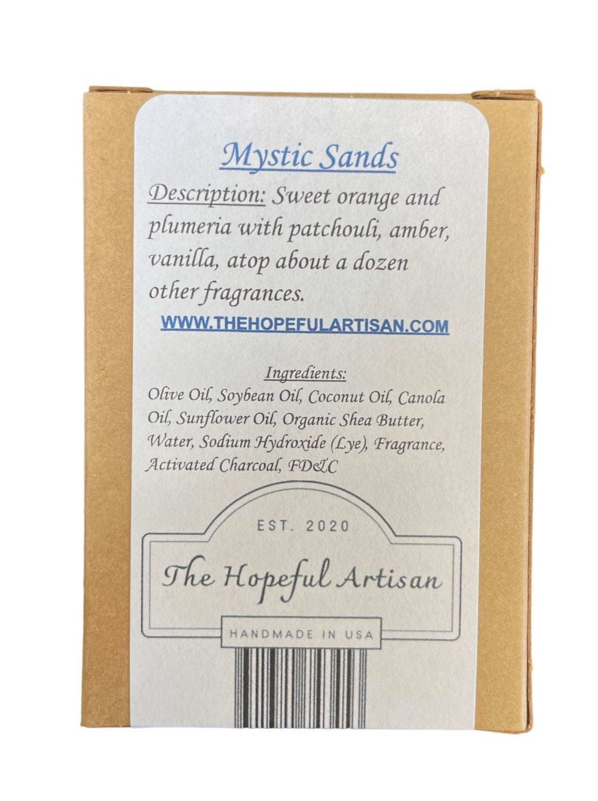 Mystic Sands product showcasing its luxurious blend of activated charcoal, sweet orange, plumeria, and other fragrances.