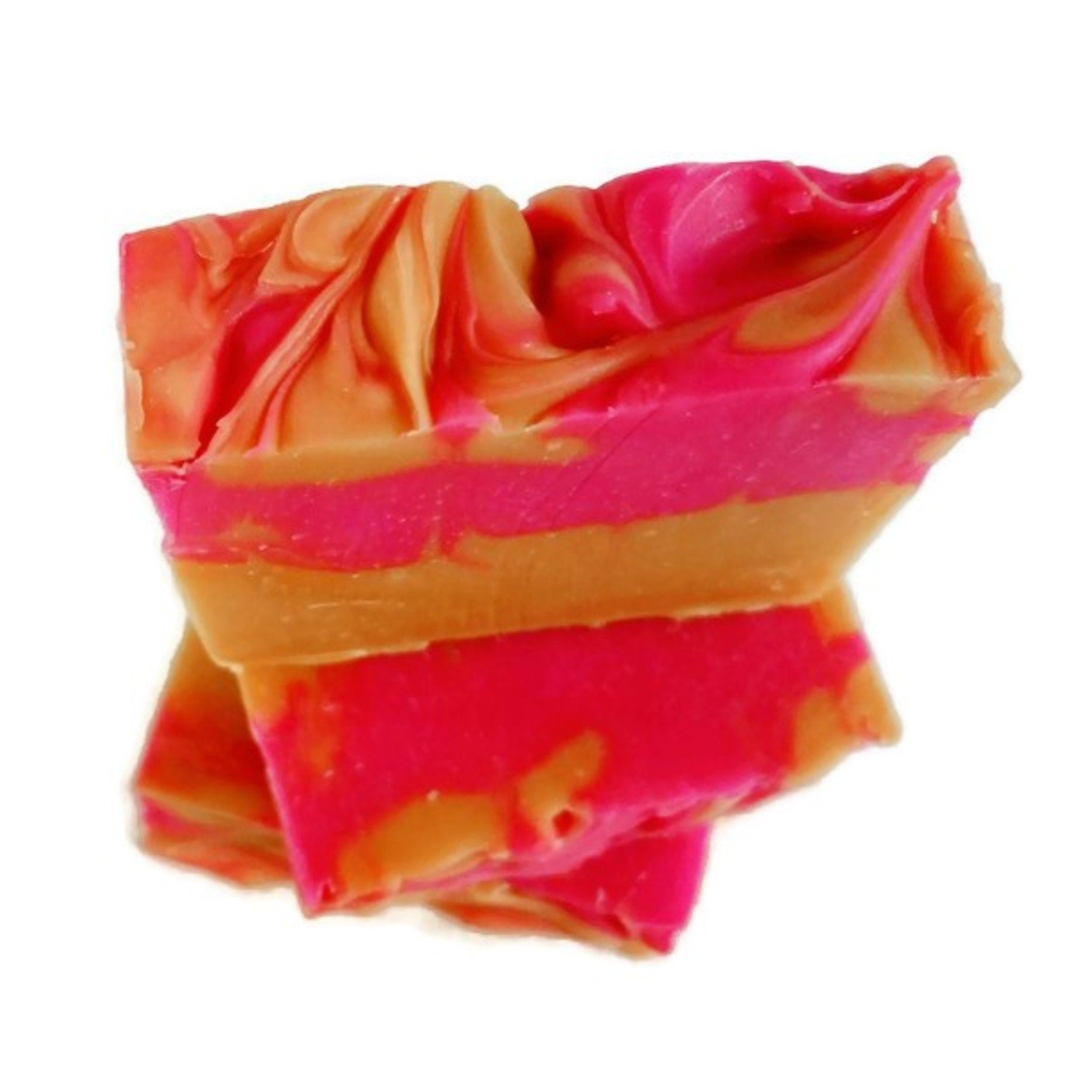 A vibrant Orange Blossom Soap bar with pink and orange swirls, showcasing its handcrafted design and tropical essence.