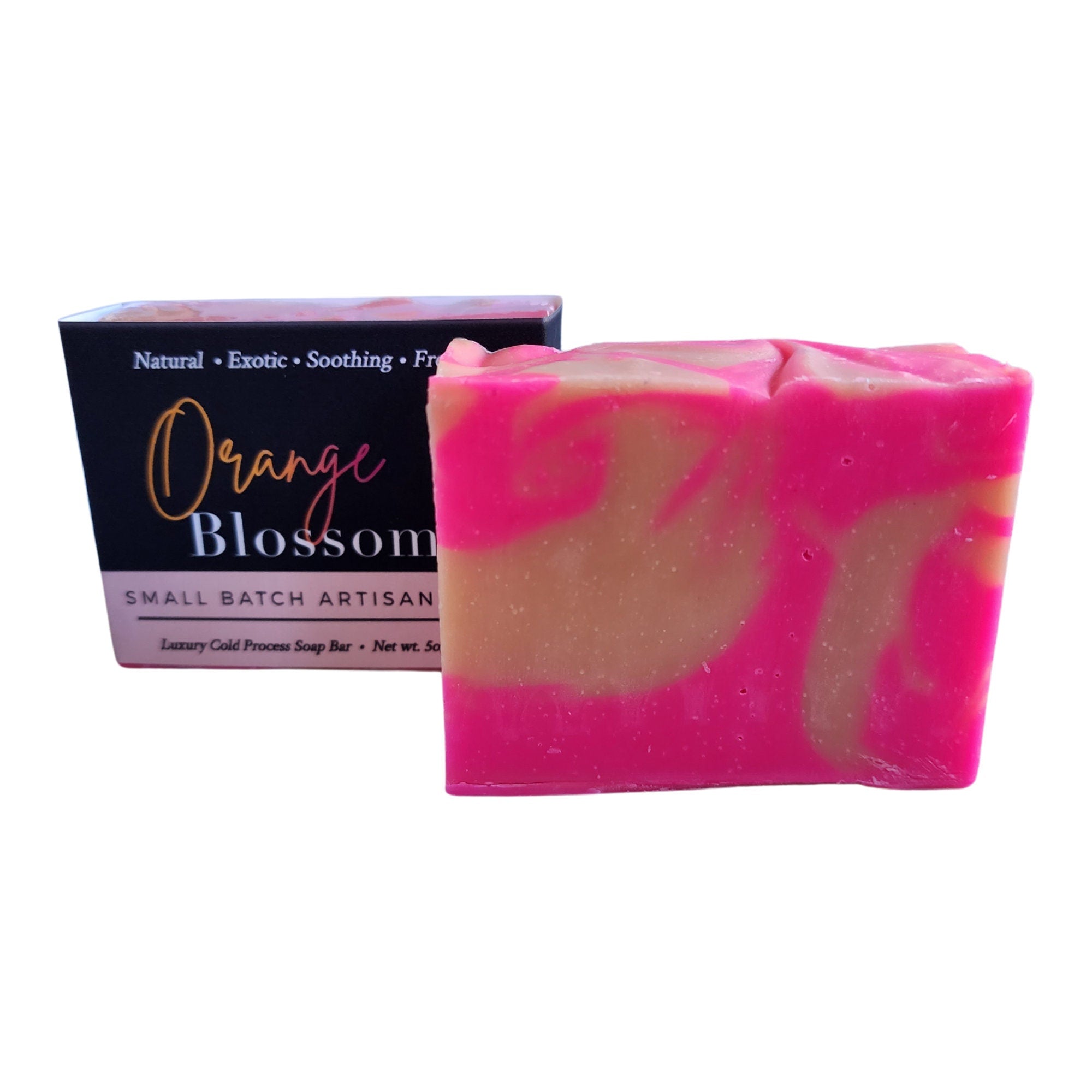 A vibrant Orange Blossom Soap bar with pink and orange swirls, showcasing its handcrafted design and tropical essence.