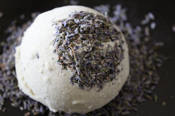 Organic Bath Bomb Calm Bomb in lavender, featuring natural ingredients like shea butter and coconut oil, beautifully packaged for relaxation.