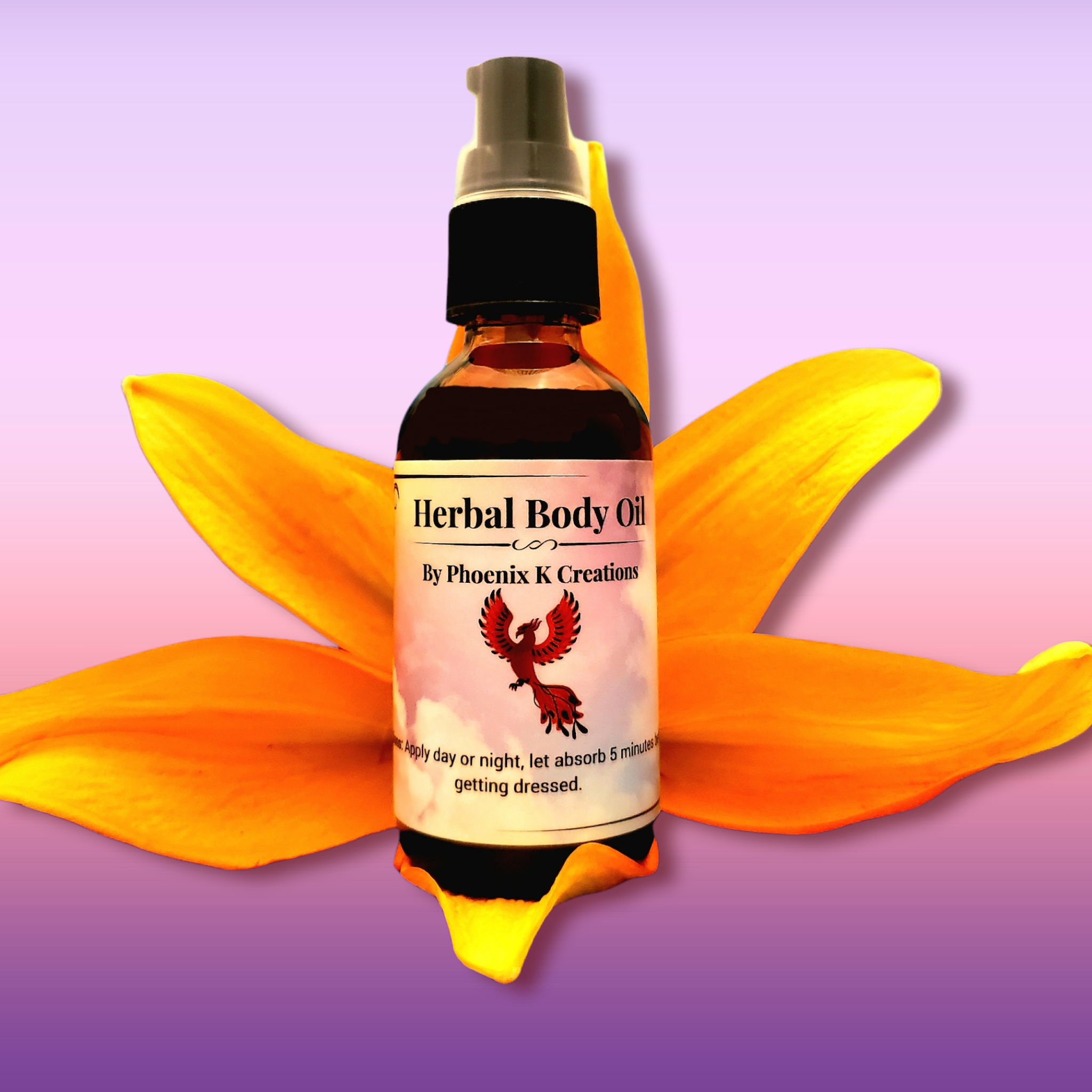 Bottle of Organic Herbal Body Oil with a blend of nourishing oils and herbs, suitable for all skin types.