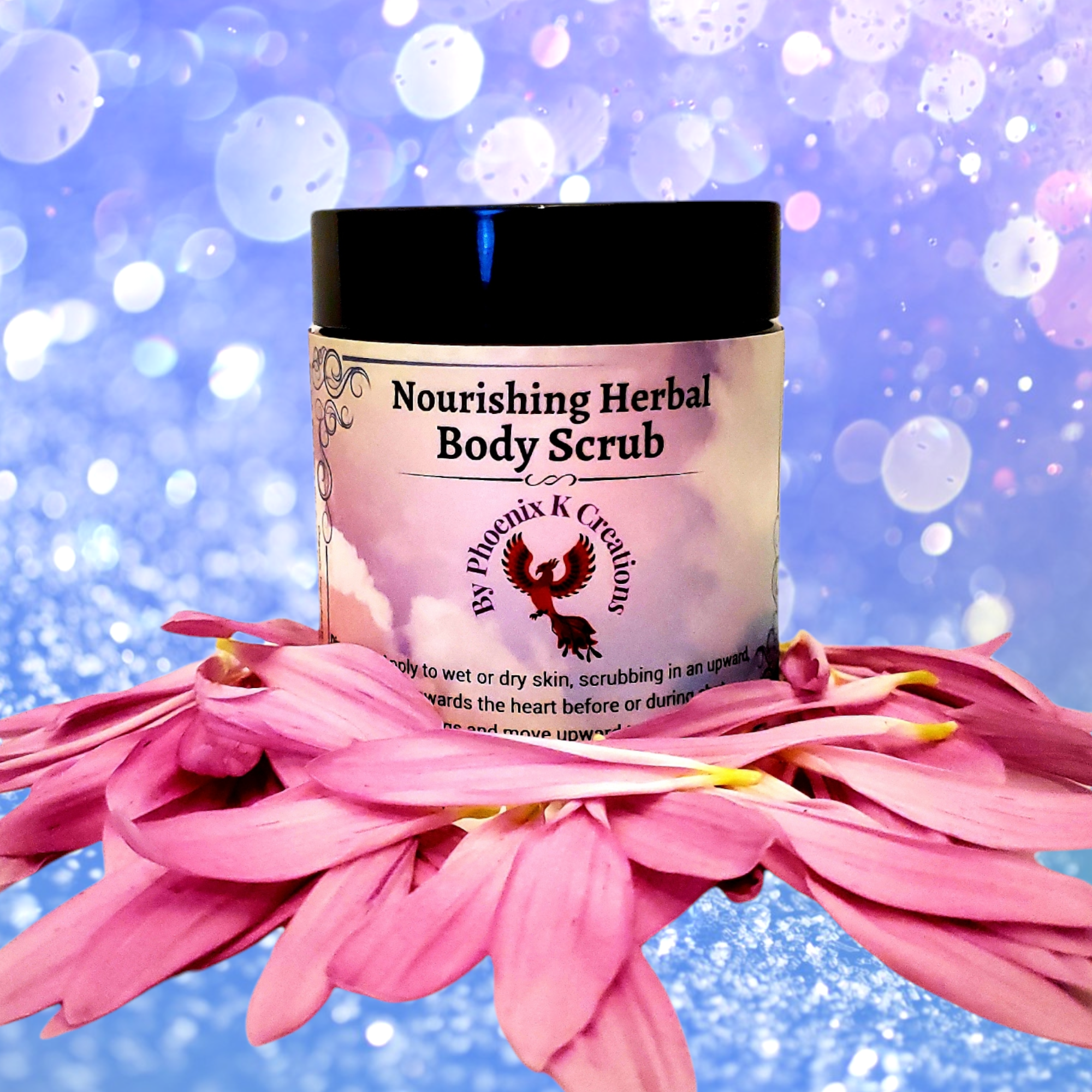 Organic Herbal Body Scrub in a 4 oz jar, featuring Himalayan Sea Salt and a blend of 12 skincare herbs for nourishing exfoliation.