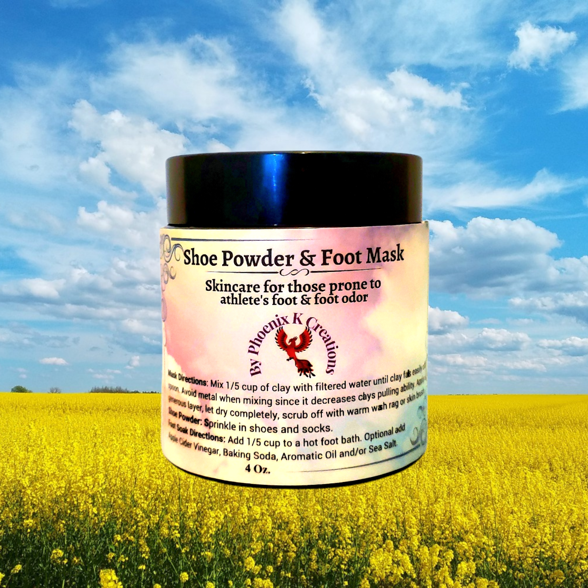 Organic Shoe Powder & Foot Mask in an amber glass jar, showcasing its natural ingredients and clay texture.