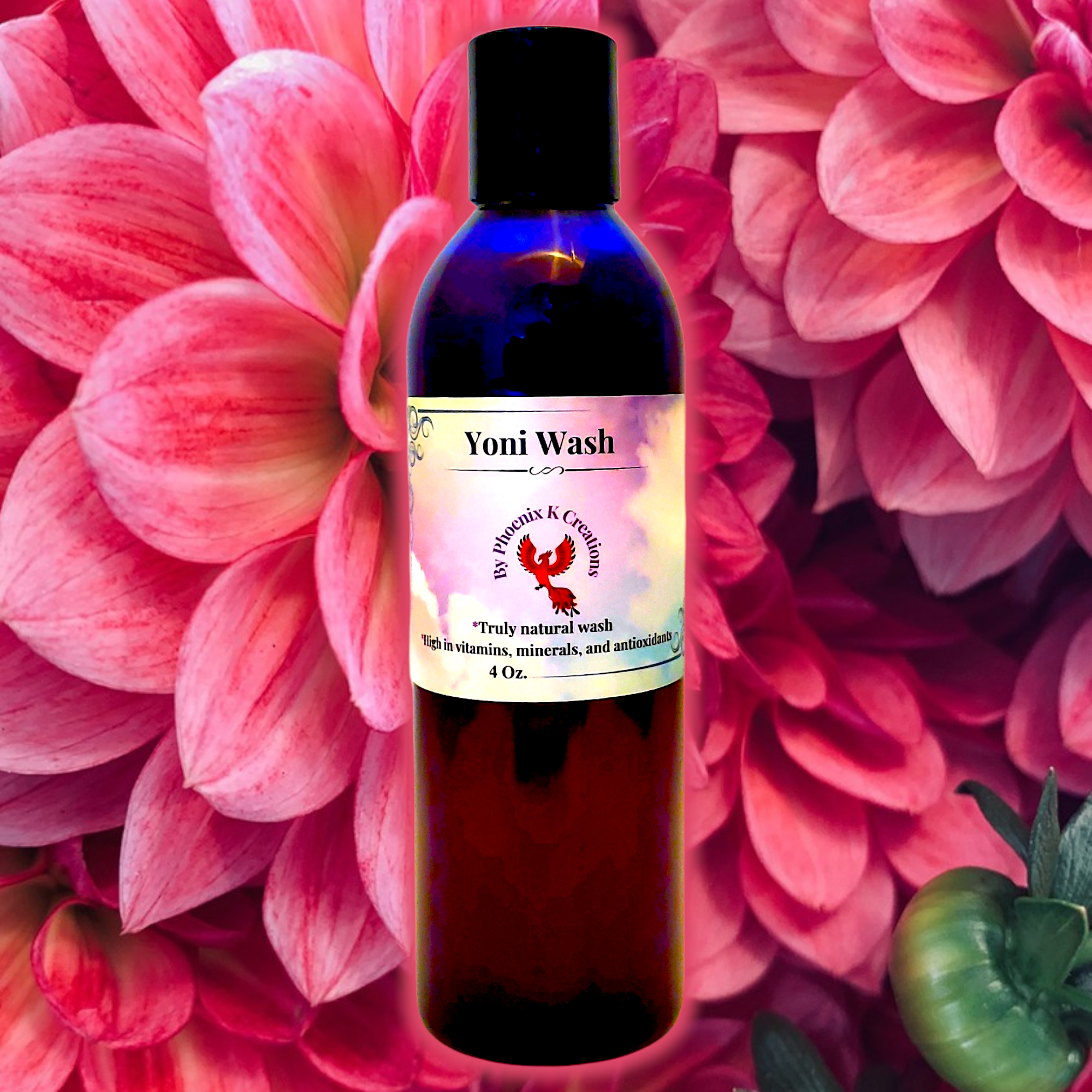 Bottle of Organic Yoni Wash with herbal ingredients, showcasing its natural and gentle formula for feminine care.